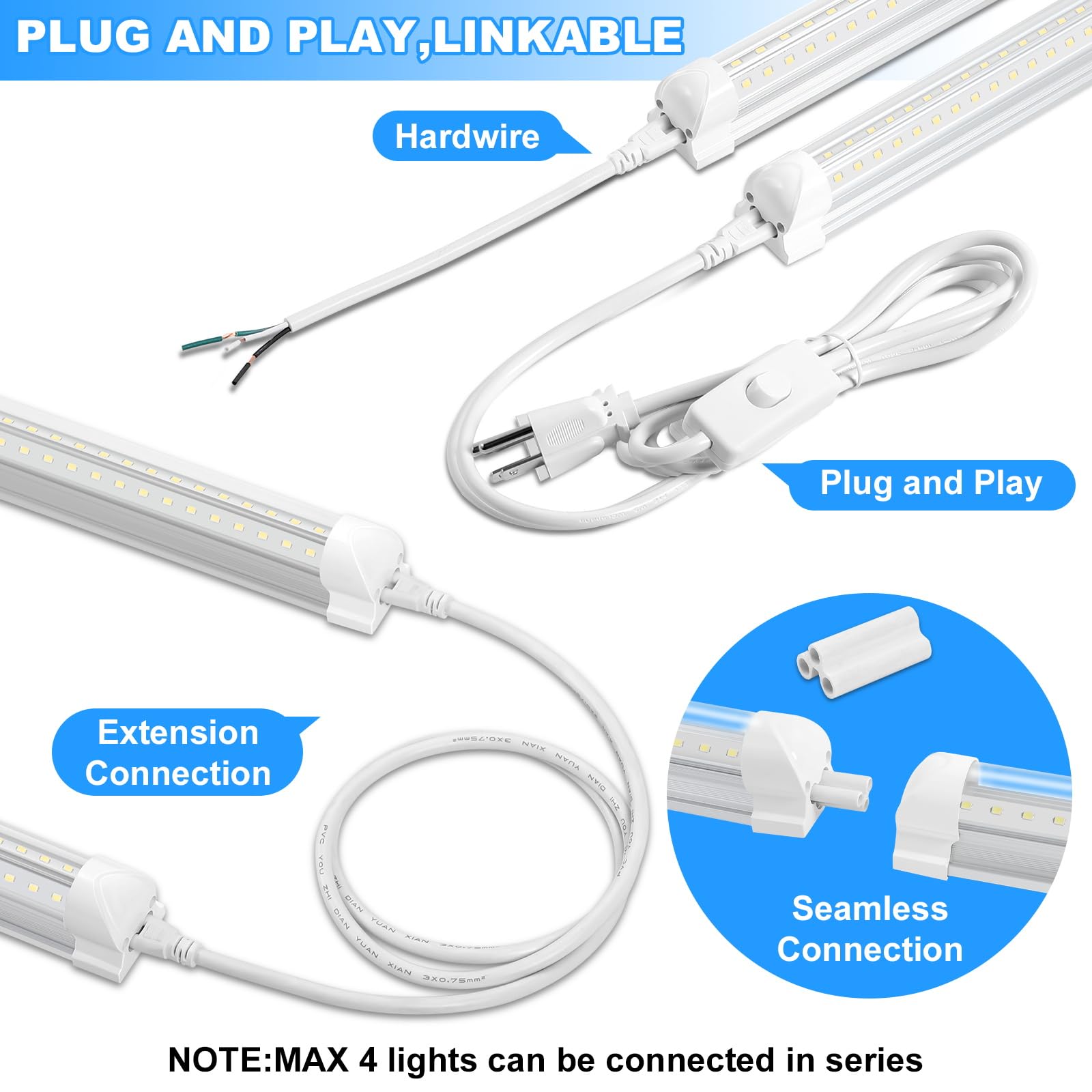 8FT LED Shop Light 8 Pack - 6000K Daylight White, 72W 11520LM High Output T8 LED Tube Lights with Plug & Play Installation, Hanging/Surface Mount Linkable Fixture for Garage, Warehouse, Workshop & Basement Lighting