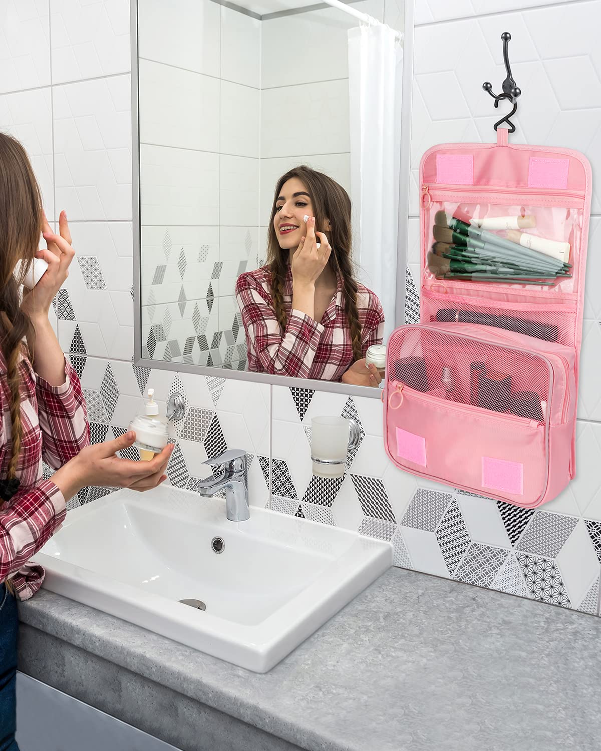 Waterproof Hanging Makeup Bag for Women - Travel Toiletry Organizer with Clear Window & Hook | Cosmetic Storage for Bathroom, Shower & On-the-Go | Pink Travel Accessories