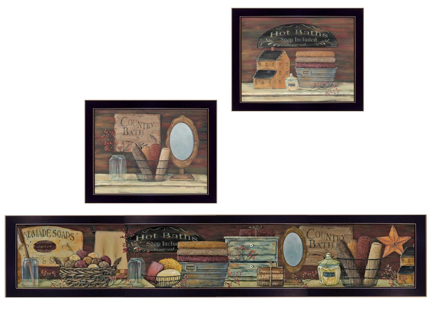 Pam Britten Country Bath II 3-Piece Black Framed Wall Art Set - Vintage Bathroom Decor for Home, Office & Spa Interior Design