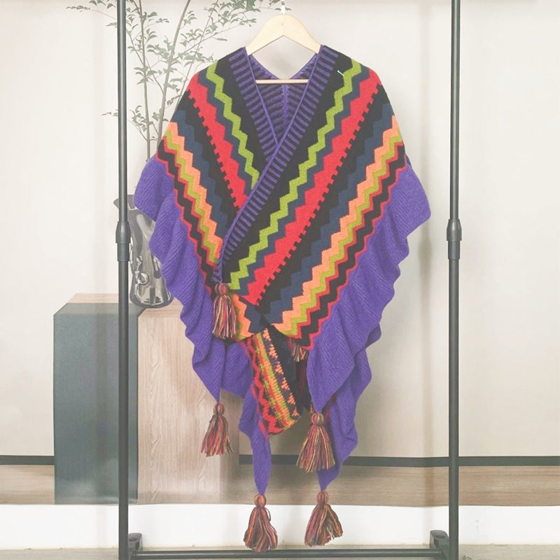 Stylish Long Wool Knitted Cape - Ethnic Inspired Winter Shawl Wrap for Women | Perfect for Outdoor Events, Parties & Cold Weather Fashion