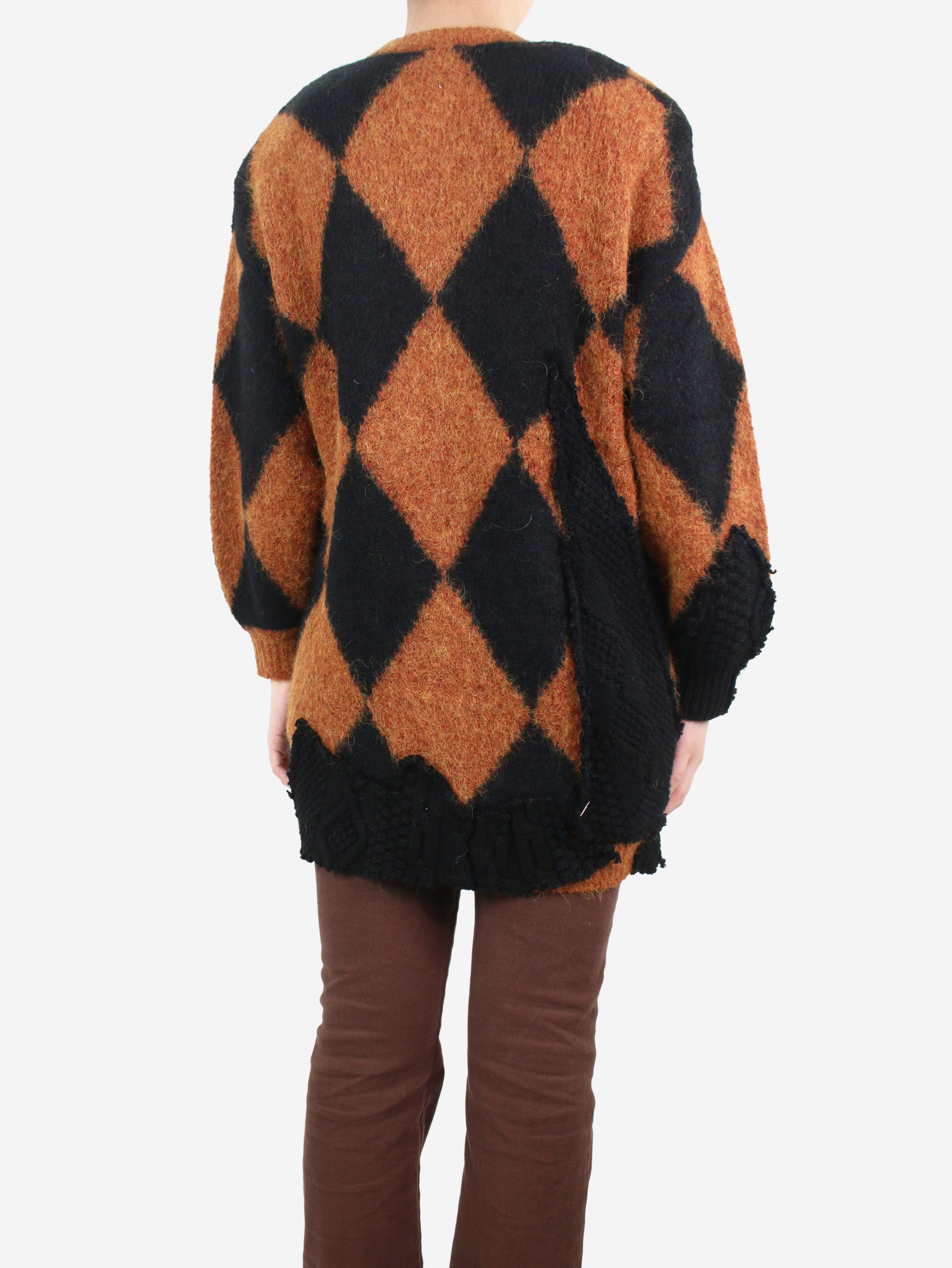 Brown Patchwork Diamond Print Cardigan Women's Size S - Cozy Fall Layering Piece for Casual Outfits & Coffee Dates