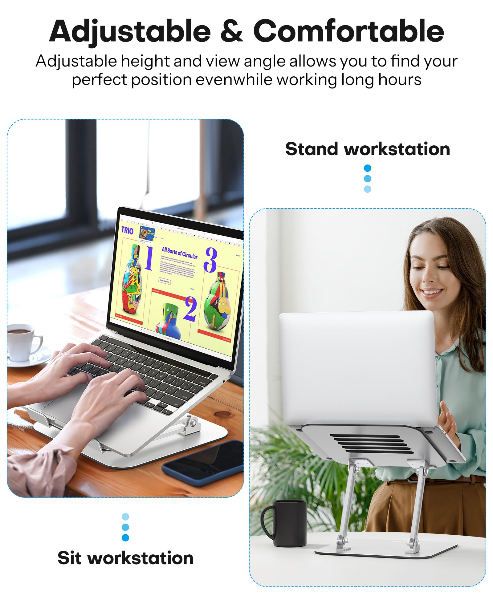 OMOTON Adjustable Laptop Stand for Desk - Ergonomic Metal Computer Riser with Cooling Function, Compatible with MacBook Air/Pro & All 10-17.2 Inch Laptops (Silver) - Perfect for Home Office, Gaming & Workspace Setup