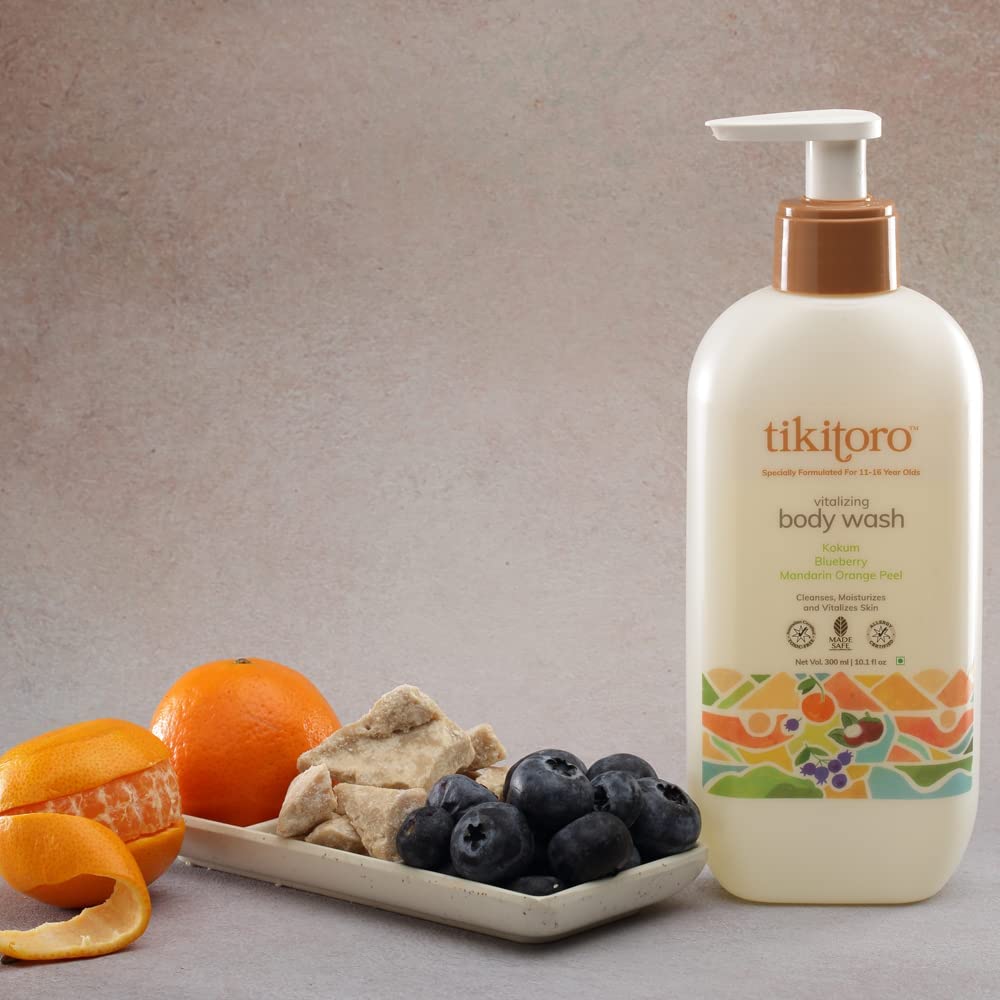 Teens Vitalizing Body Wash - 100% Vegan with Kokum, Blueberry & Mandarin Orange Peel | Gentle Cleansing, Hydration & Nourishment | Paraben & Sulfate Free | Mild Formula for Ages 11+ (300ml) | Perfect for Daily Shower & Sensitive Skin Care