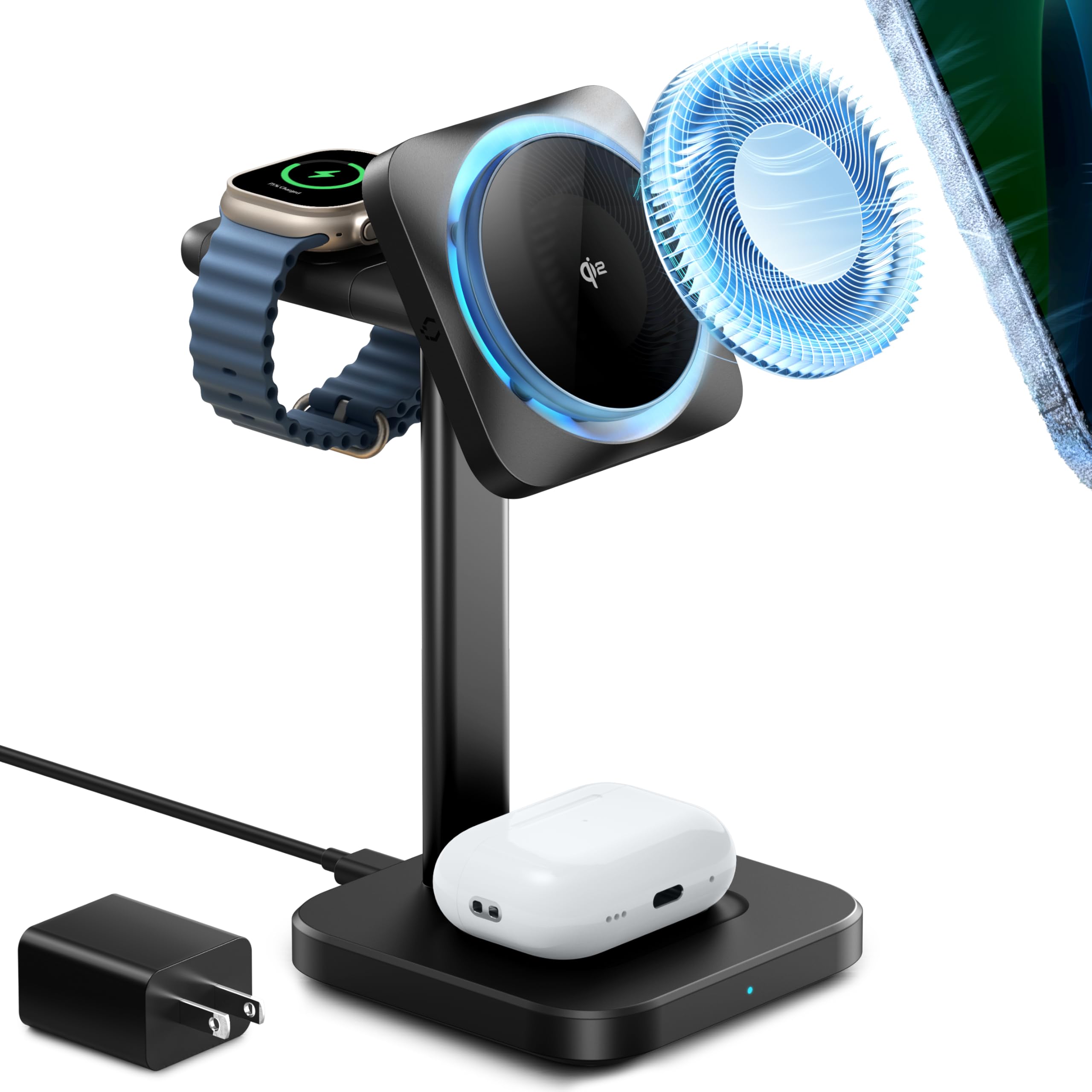 ESR Qi2 Certified 3-in-1 MagSafe Charging Stand with CryoBoost - Fast Wireless Charger for iPhone 16/15/14/13, Apple Watch & AirPods 4/3 | Phone Cooling Station | Perfect for Home, Office & Nightstand Use (Black)