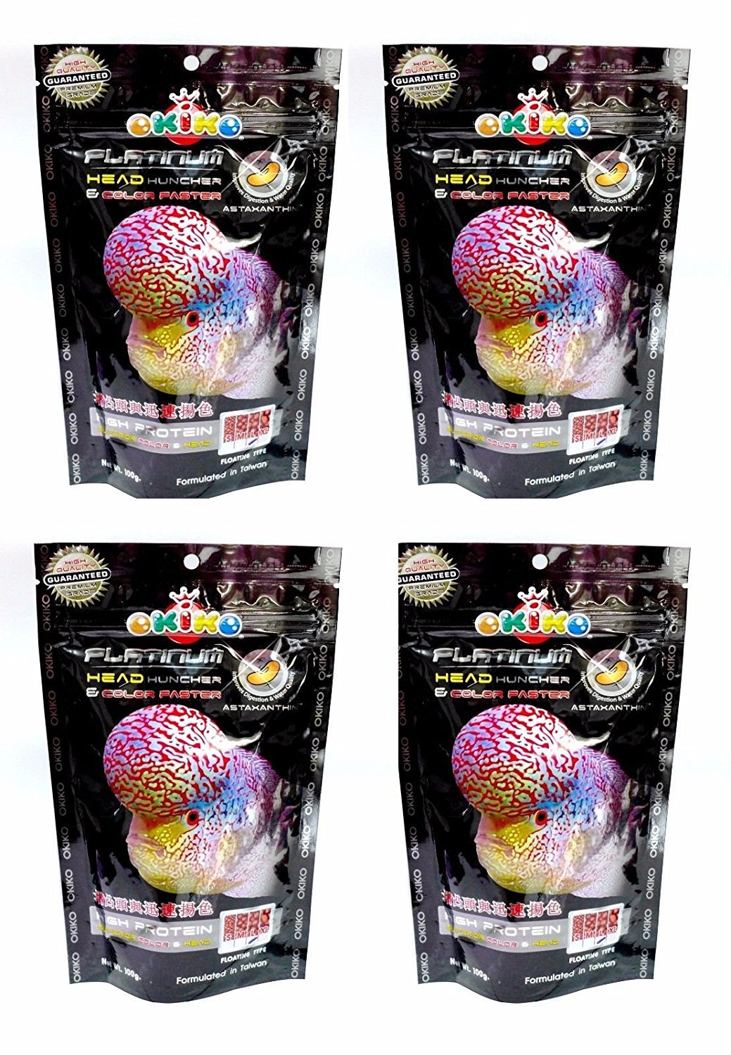 OKIKO FLOWERHORN CICHLID FISH FOOD - High Protein Platinum Head Huncher Formula for Faster Growth & Vibrant Colors (3.52 Oz) - Ideal for Enhancing Flowerhorn Fish Health & Coloration in Home Aquariums