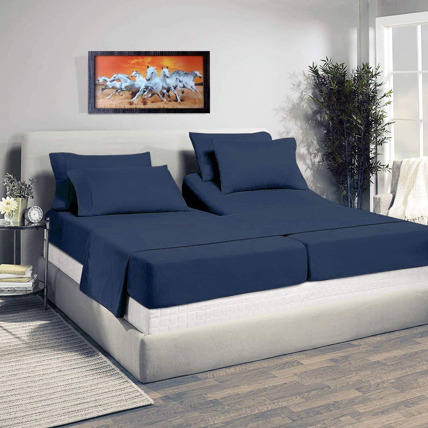 Premium 5-Piece Split King Sheet Set for Adjustable Beds - 100% Cotton Twin XL Deep Pocket Sheets (18-22 Inch) - Navy Blue Solid - Perfect for Adjustable Beds, Sleep Number Beds & Split King Mattresses - Soft, Breathable & Wrinkle-Resistant Bedding for Ultimate Comfort