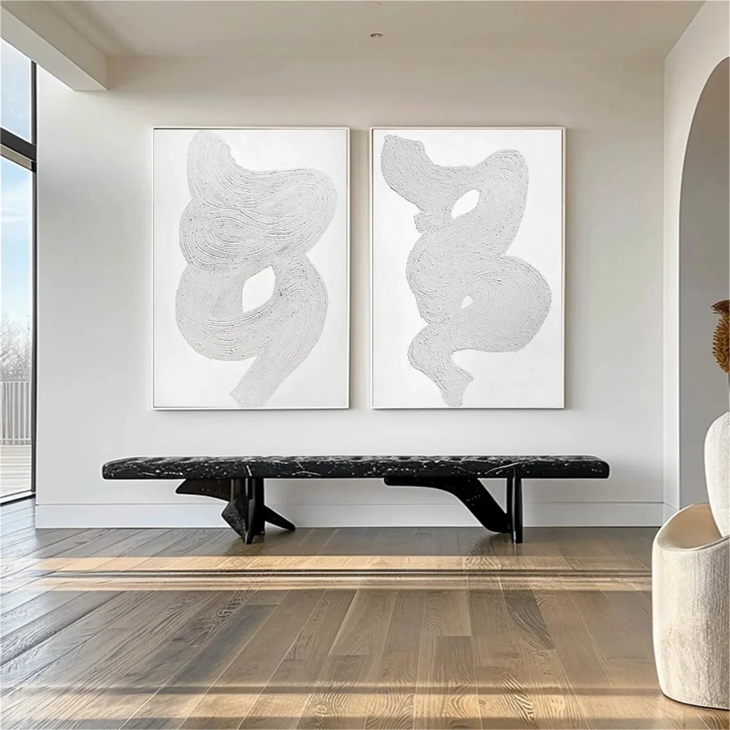 Modern White Minimalist Textured Wall Art - Set of 2 Abstract Canvas Paintings for Living Room & Bedroom Decor | MM276