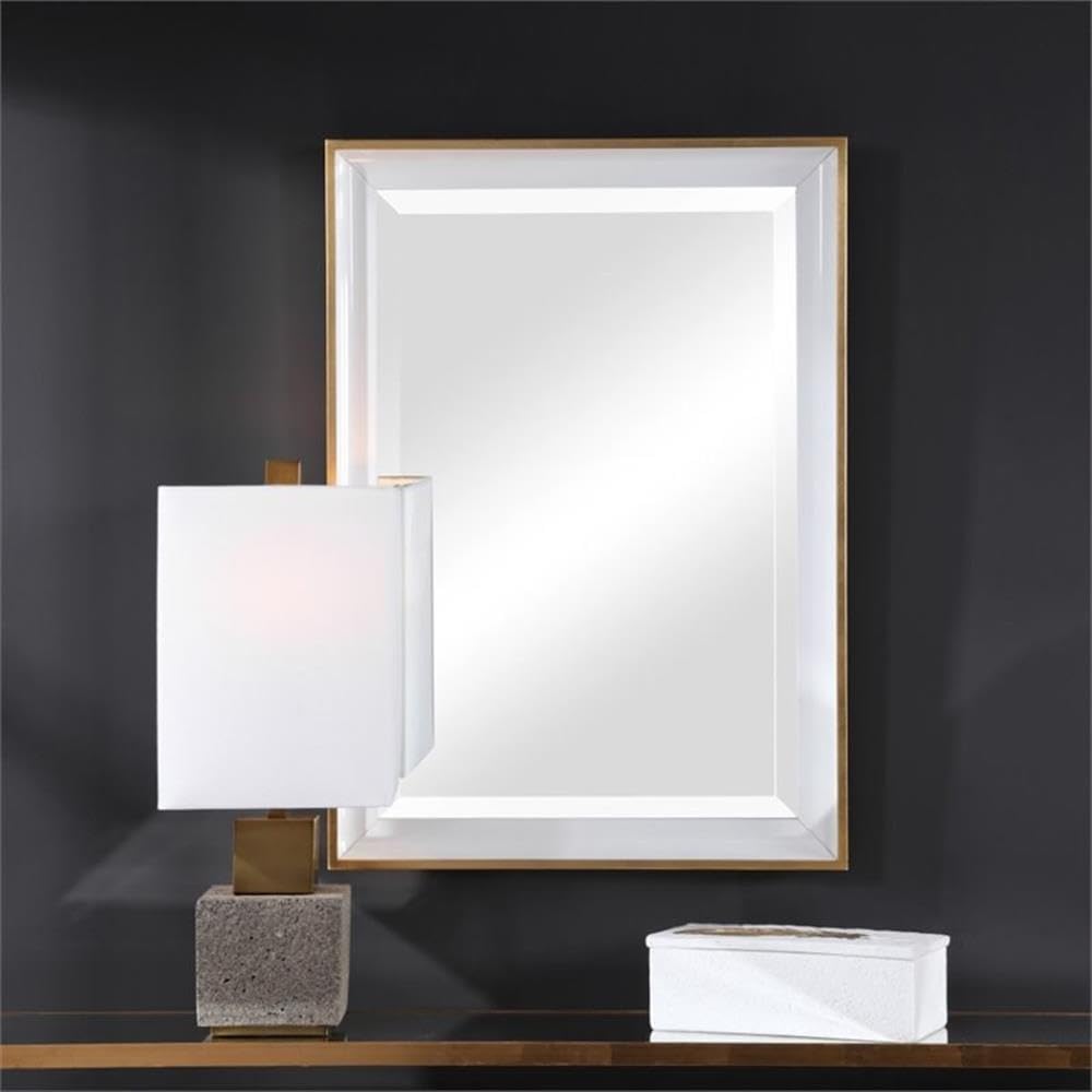 BOWERY HILL Contemporary Gloss White Wall Mirror - Modern Home Decor for Living Room, Bedroom & Entryway