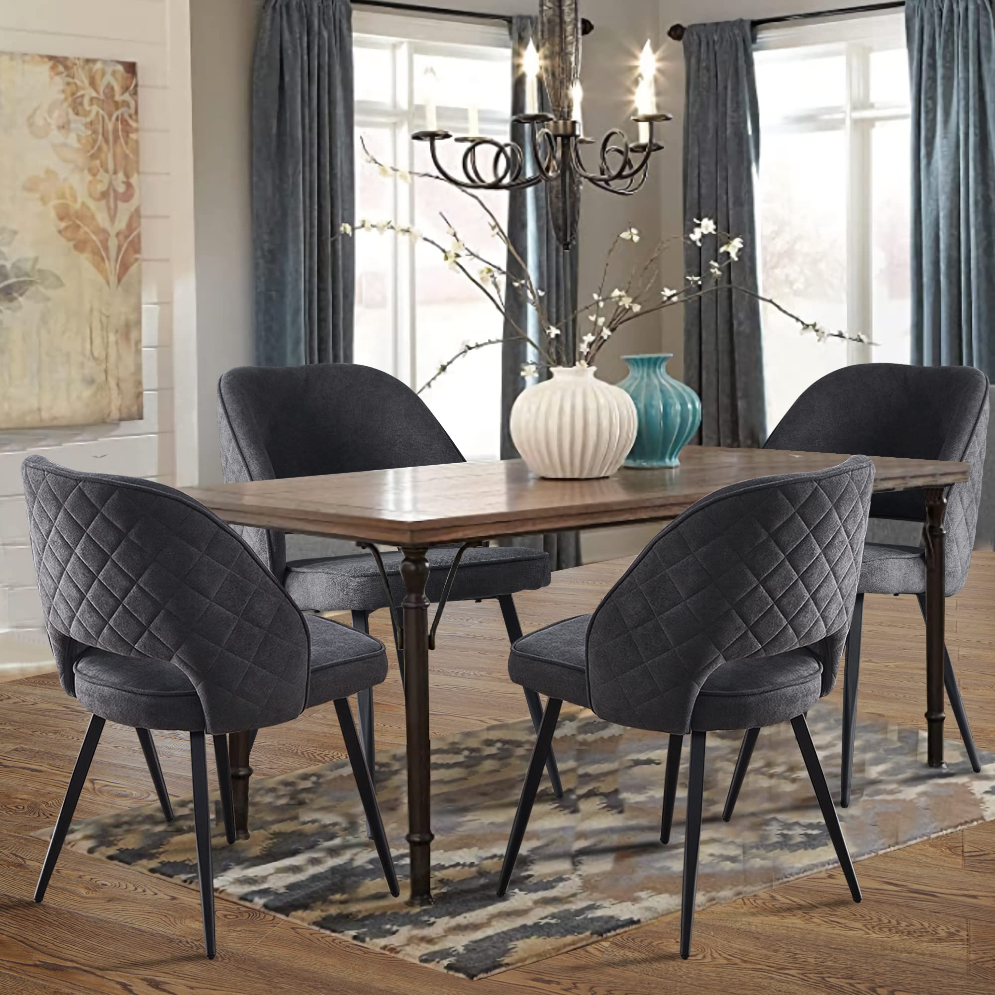 4-Piece Fabric Dining Chair Set - Upholstered Kitchen & Side Chairs with Sturdy Metal Legs, Dark Grey - Perfect for Dining Room, Kitchen, Living Room & Bedroom Decor