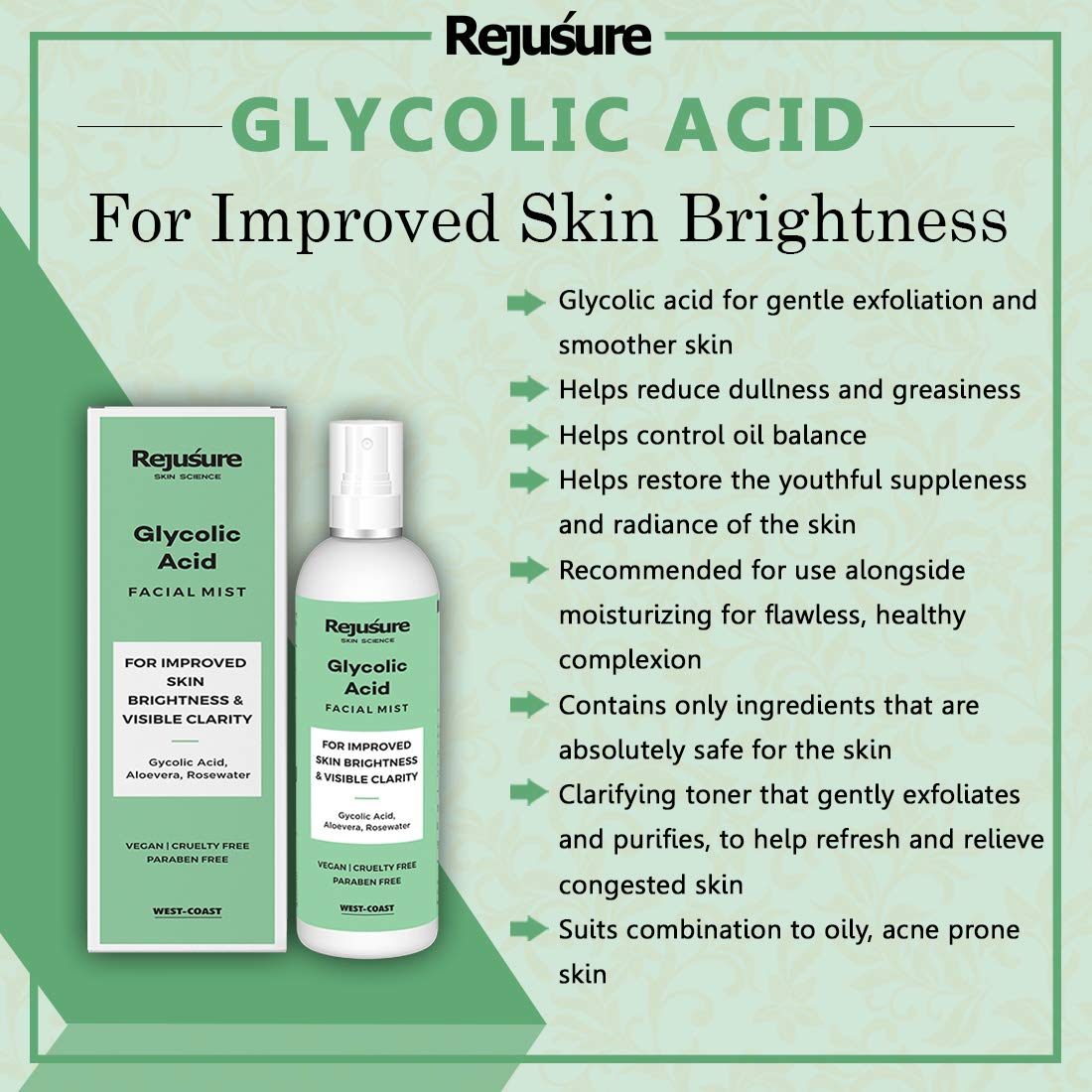 Rejusure Glycolic Acid Face Mist - Exfoliating & Hydrating Facial Spray for Skin Brightness & Clarity | 100ml | Perfect for Daily Skincare Routine & On-the-Go Refreshment