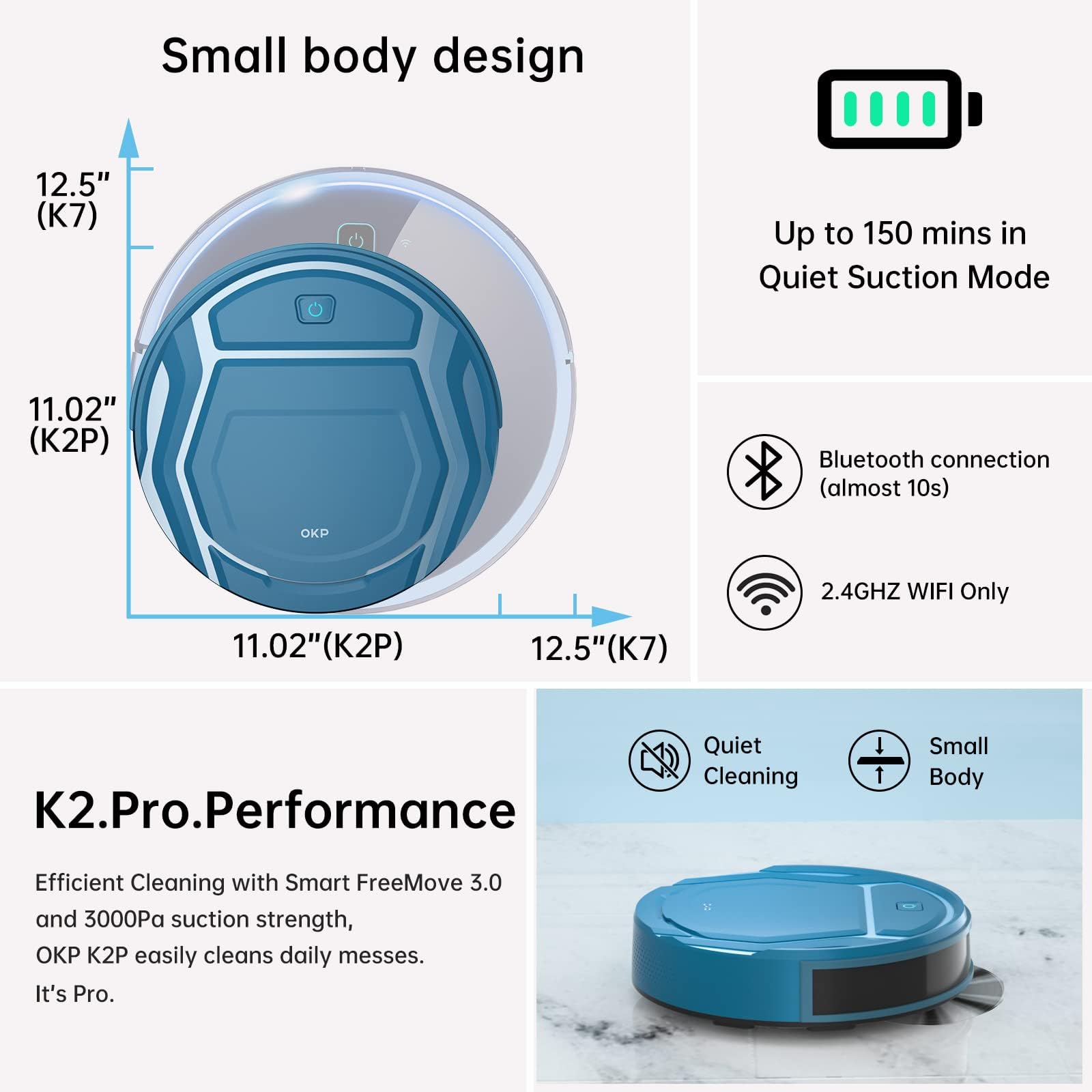 OKP K2-Pro Robot Vacuum Cleaner with WiFi/App/Alexa Control, Smart Mapping & Auto Charging - Powerful Suction for Pet Hair, Carpets & Hard Floors - Ultra Quiet Cleaning for Home, Office & Apartment Use