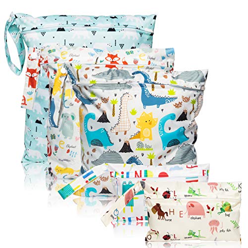 Waterproof Reusable Wet Dry Bags for Diapers - 5 Pack with 2 Zippered Pockets | Travel, Beach & Pool Storage | Polar Bear, Dinosaur, Alphabet & Crocodile Patterns (3 Sizes) - Perfect for Baby Care, Swim Gear & Outdoor Activities