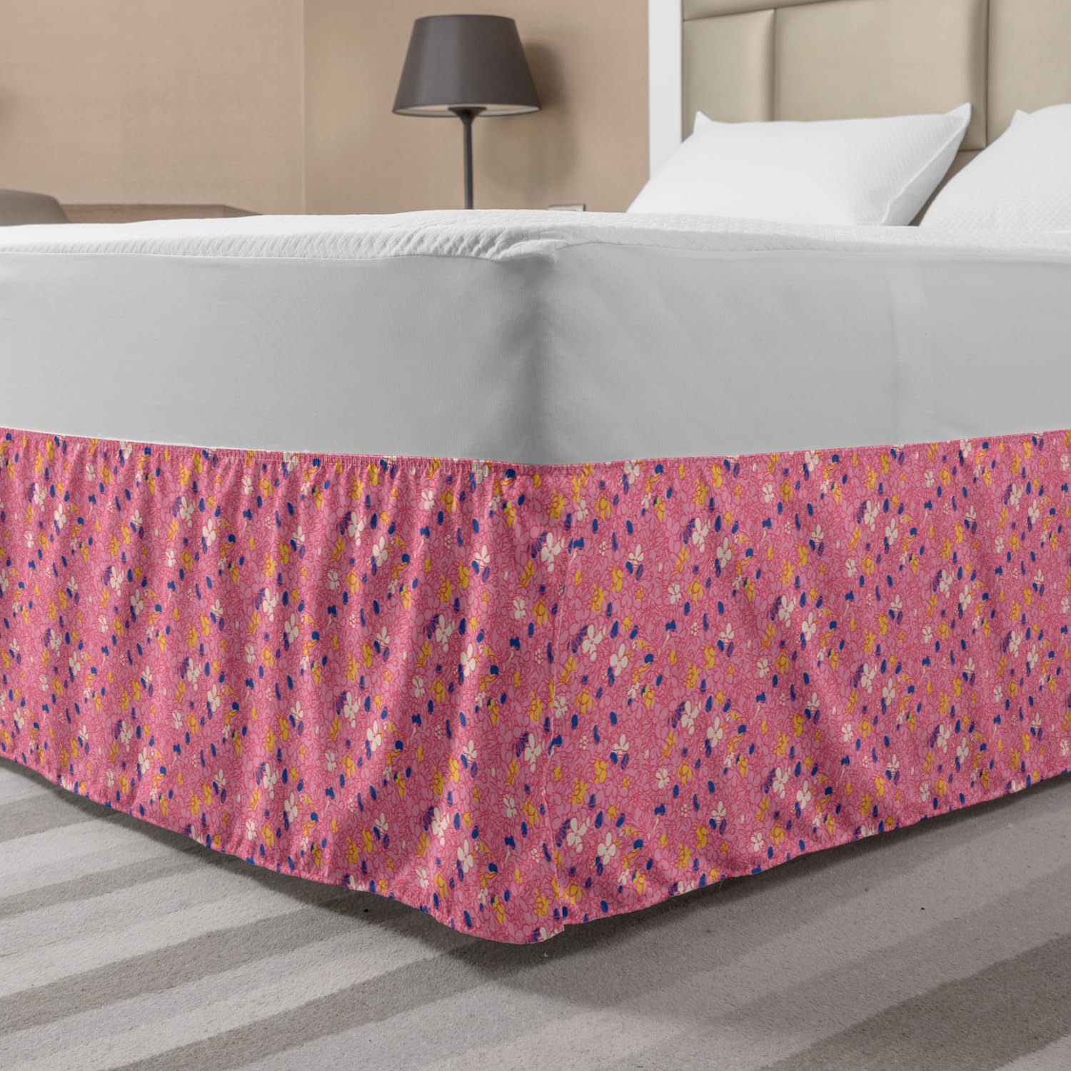 Ambesonne Floral Bed Skirt - Hand-Painted Spring Flowers Design, Elastic Wrap Around Gathered Bedroom Decor for King Size Beds in Pastel Pink | Perfect for Master Bedrooms, Guest Rooms & Home Staging