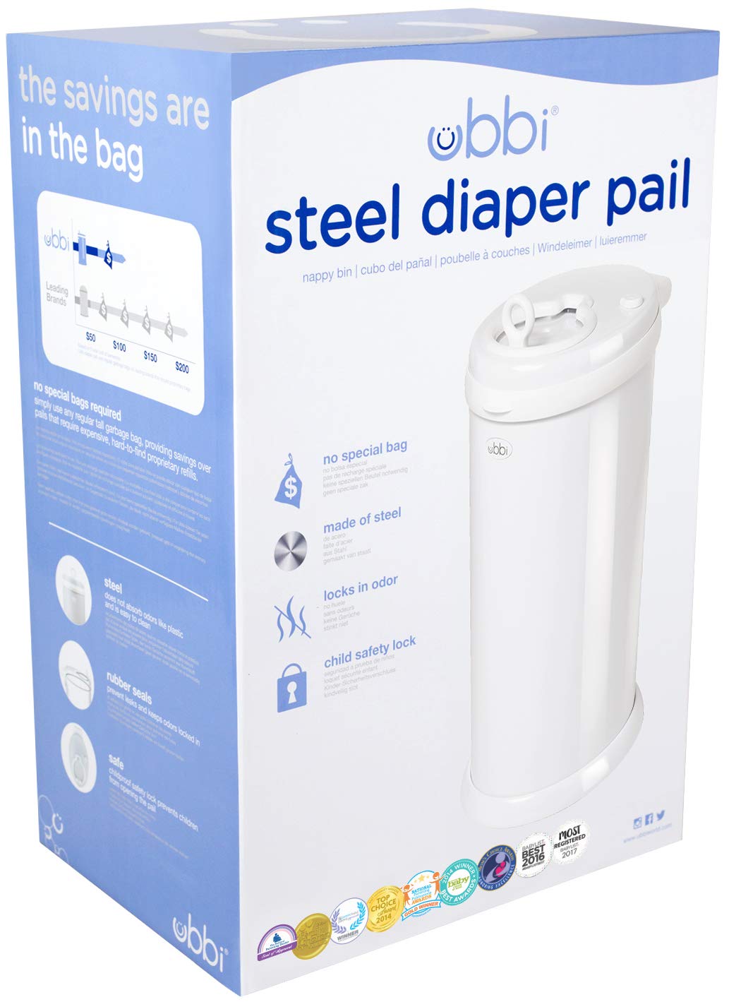 Ubbi Steel Diaper Pail with Odor Locking Technology - No Special Bags Needed, Lavender Scented Absorbing Gel Value Pack (3 Count) - Money Saving Baby Nursery Essential for Diaper Odor Control | Perfect for Newborns, Daycares & Eco-Friendly Parents