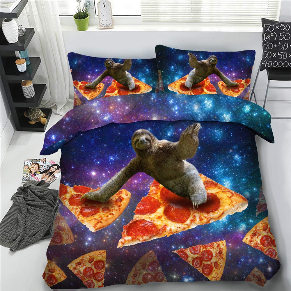 Cozy 3-Piece Sloth on Pizza & Galaxy Kids Bedding Set - Twin, Full, Queen, King Size Duvet Cover + 2 Shams (JF531) | Fun Space-Themed Bedroom Decor for Boys & Girls