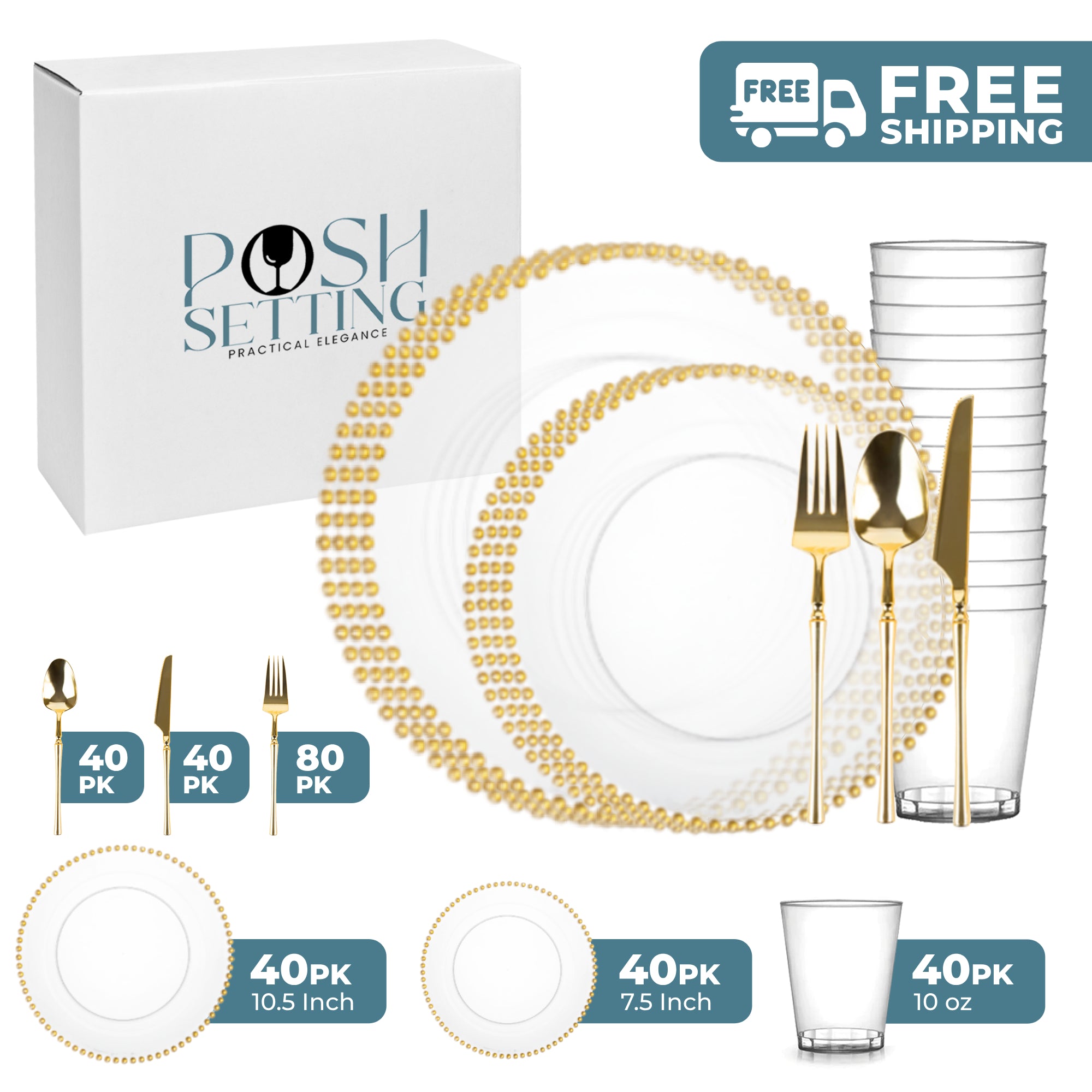 Clear and Gold Plastic Party Bundle with Beaded Decorations - Perfect for Birthday Celebrations, Weddings, and Special Events