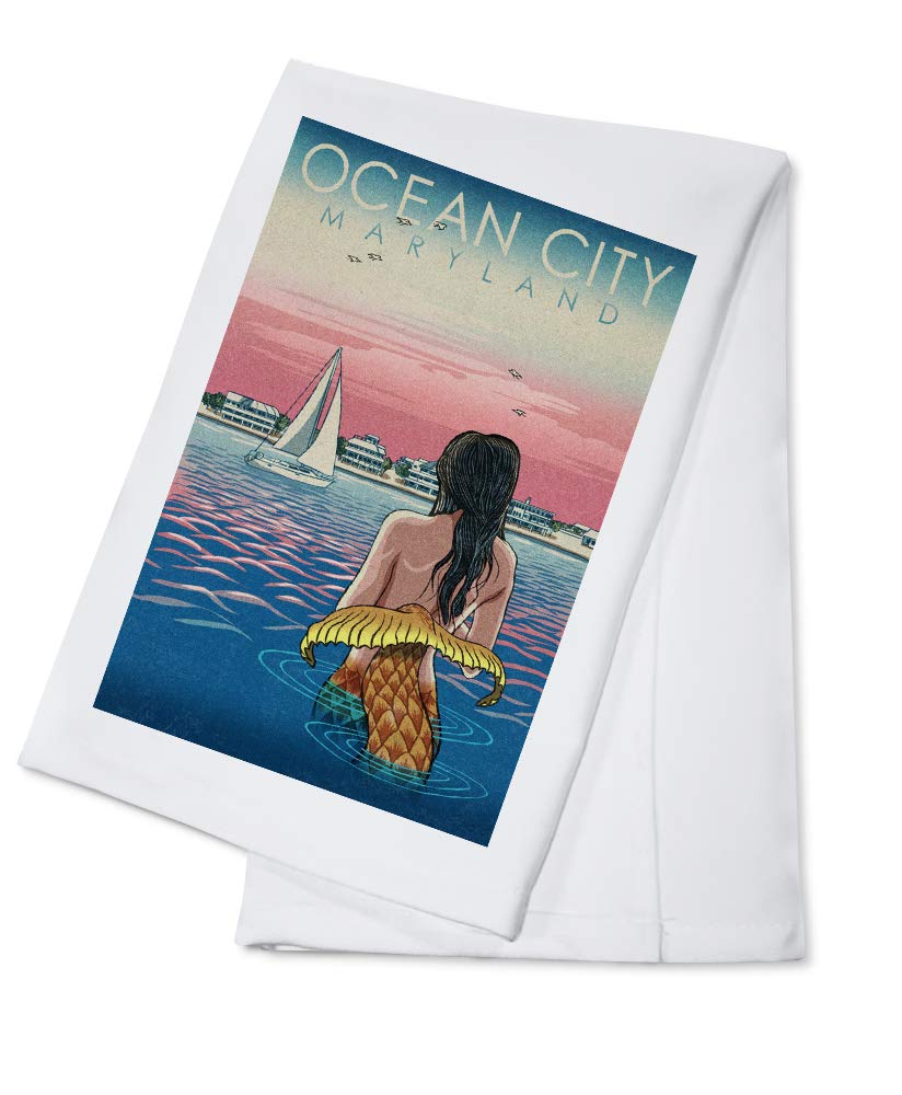 Ocean City Maryland Mermaid Beach Woodblock Print - 100% Cotton Tea Towel, Decorative Hand Towel for Kitchen & Home Decor | Perfect for Coastal Themed Bathrooms, Beach House Gifts & Farmhouse Kitchen Accessories