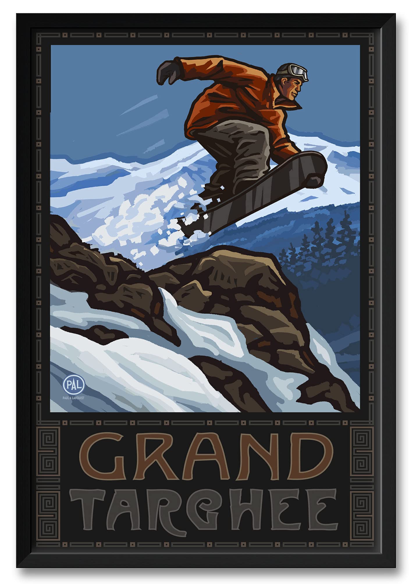 Professional Framed Art Print of Snowboarder Jumping at Grand Targhee Wyoming - 32x47 Inch Wall Decor by Artist Paul A. Lanquist - Perfect for Ski Lodge, Mountain Cabin or Sports Enthusiast Home Decor