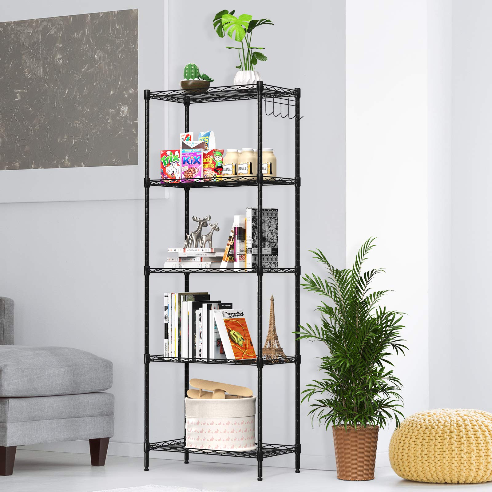 5-Tier Adjustable Wire Storage Shelf - Heavy Duty Metal Organizer Rack for Kitchen, Garage, Pantry & Closet - Black (21.3