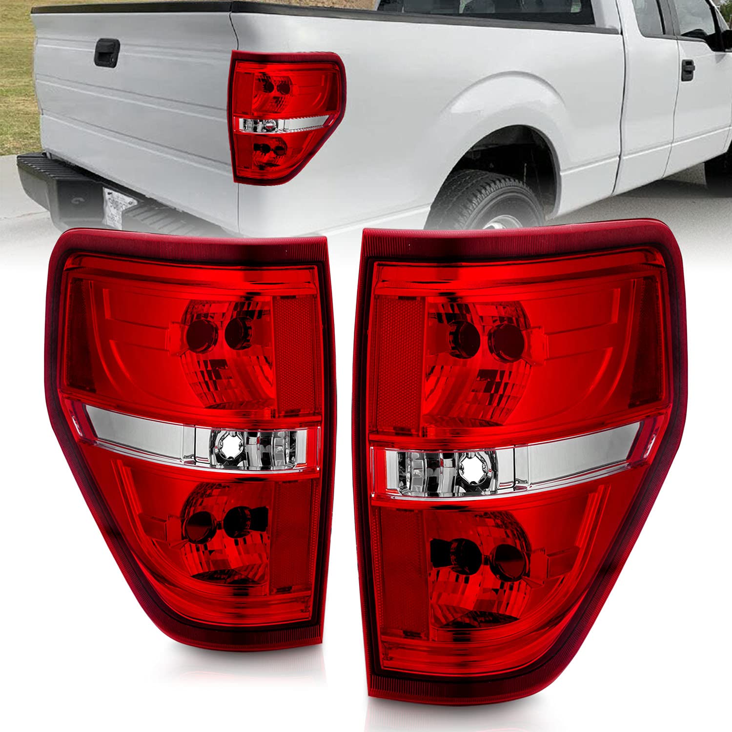 AmeriLite Red/Clear Brake Rear Direct OE Replacement Tail Lights for 2009-2014 Ford F150 F-150 - Passenger & Driver Side - Upgrade Your Truck's Style & Safety for Night Driving & Towing