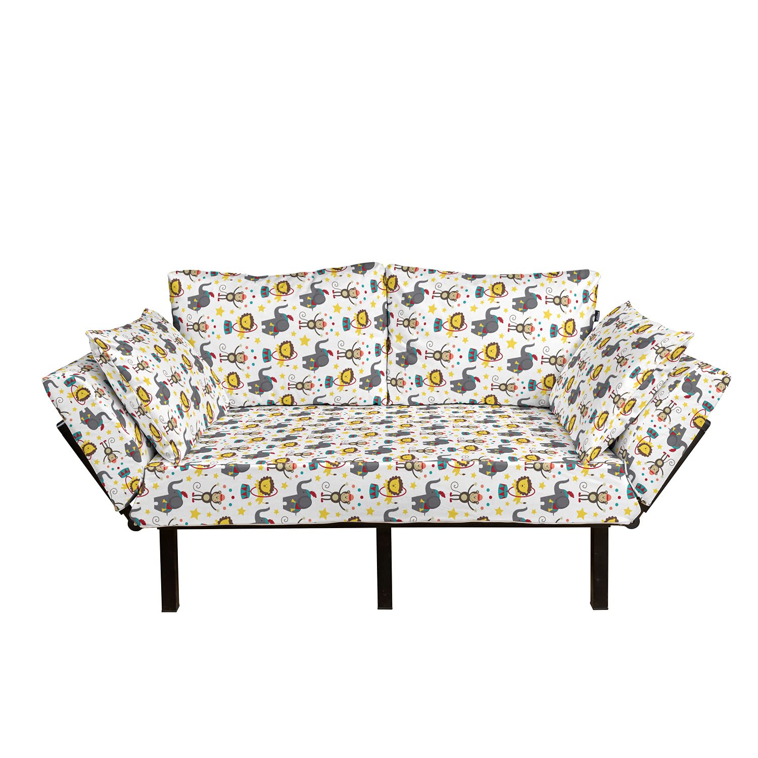 Ambesonne Circus Futon Couch - Juggler Monkey & Lion Doodle Design Daybed with Metal Frame | Upholstered Sofa for Living Room, Dorm, Loveseat | Multicolor Home Decor for Small Spaces & Guest Rooms