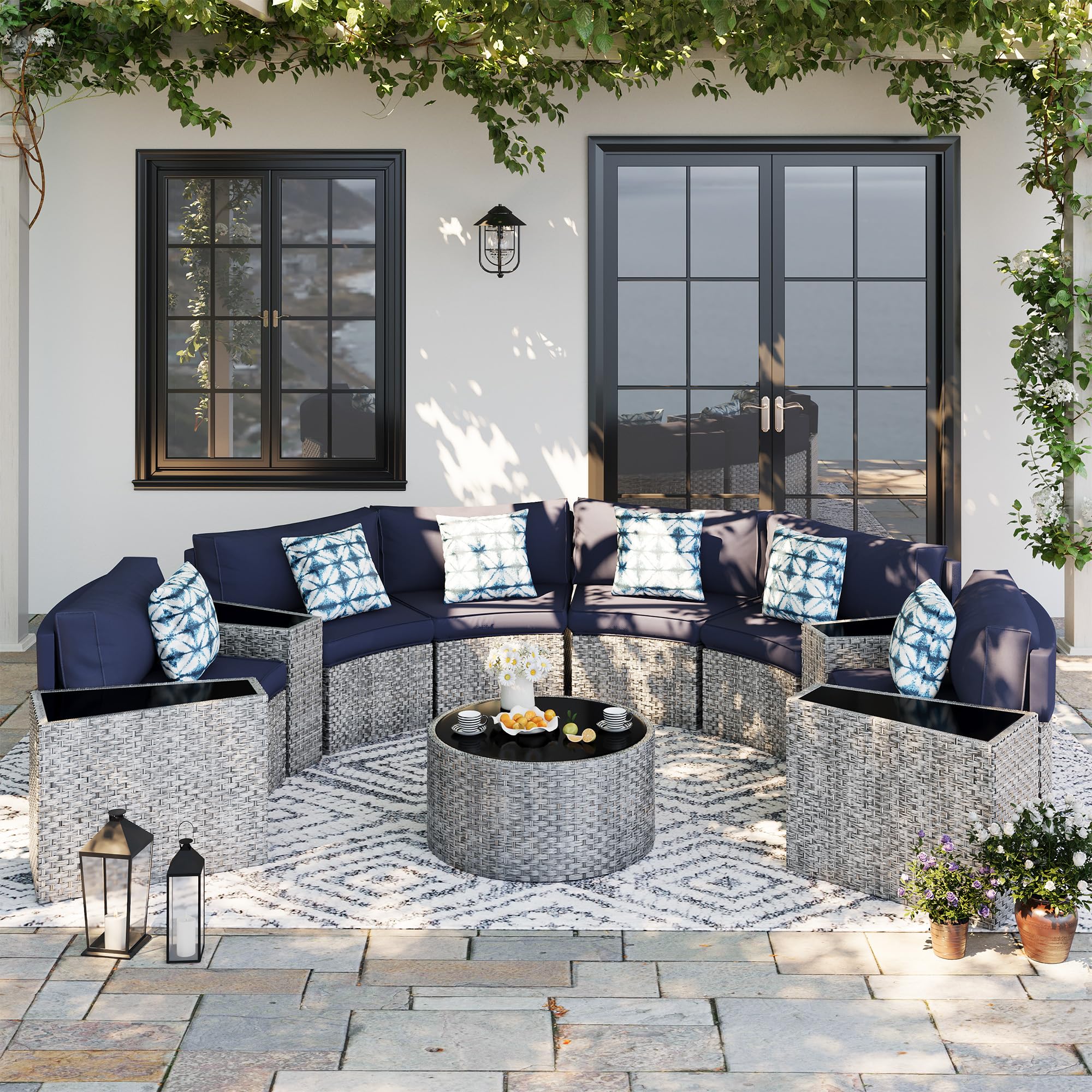 UDPATIO 11-Piece Fully Assembled Outdoor Sectional Sofa Set - Half-Moon Curved Modular Wicker Furniture with Round Coffee Table & Waterproof Cover - Heavy Duty Patio Furniture for Porch, Backyard, Garden - Blue | Perfect for Outdoor Entertaining & Relaxation