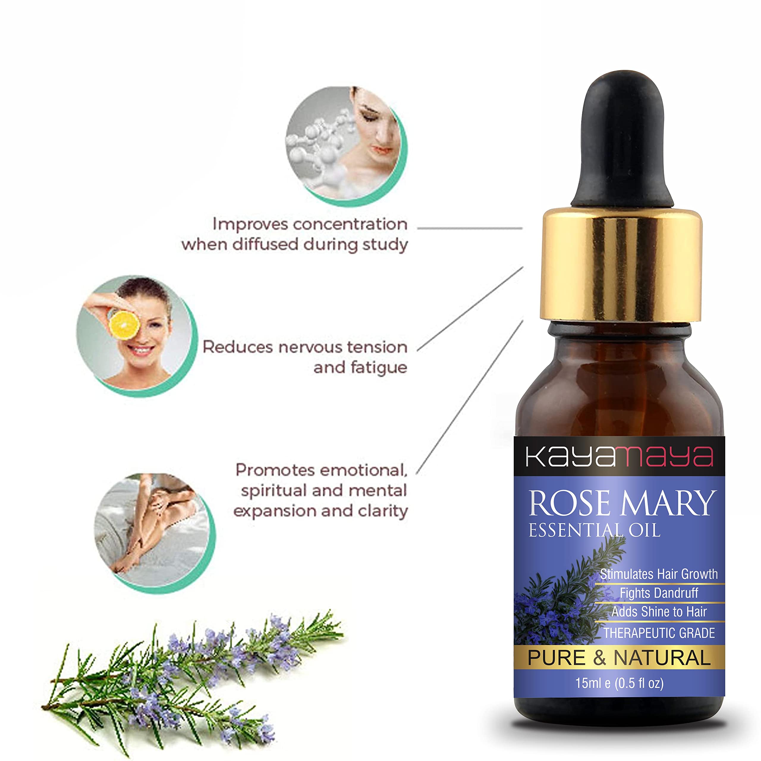 Kayamaya 100% Pure Therapeutic Grade Rosemary Essential Oil - 15ml for Aromatherapy, Hair Growth & Skin Care - Natural Stress Relief & Focus Booster for Diffusers & Massage