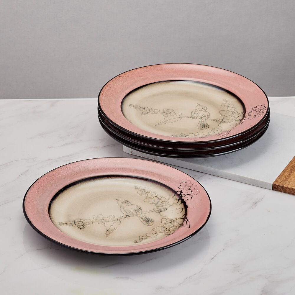 Song Bird Pink Set of 4 Dinner Plates - Elegant Floral Design Porcelain Plates for Dining, Party, Wedding & Home Decor | Perfect for Everyday Meals, Entertaining Guests & Special Occasions