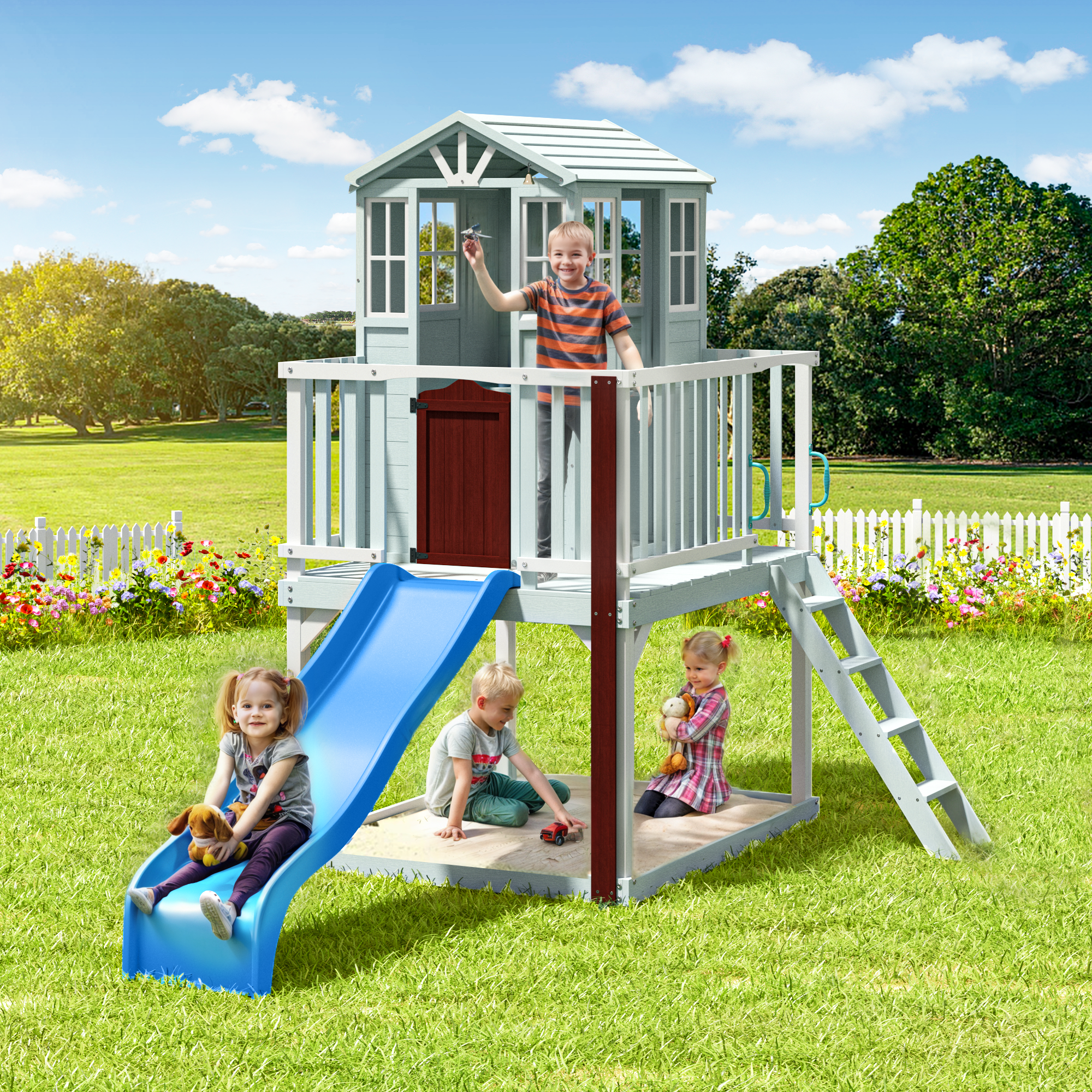 Erommy Kids Outdoor Wooden Playhouse with Slide, Climbing Ladder & Play Kitchen - Fir Tree House for Children Ages 4-8 (Gray) | Perfect for Backyard Fun, Imaginative Play & Outdoor Adventures