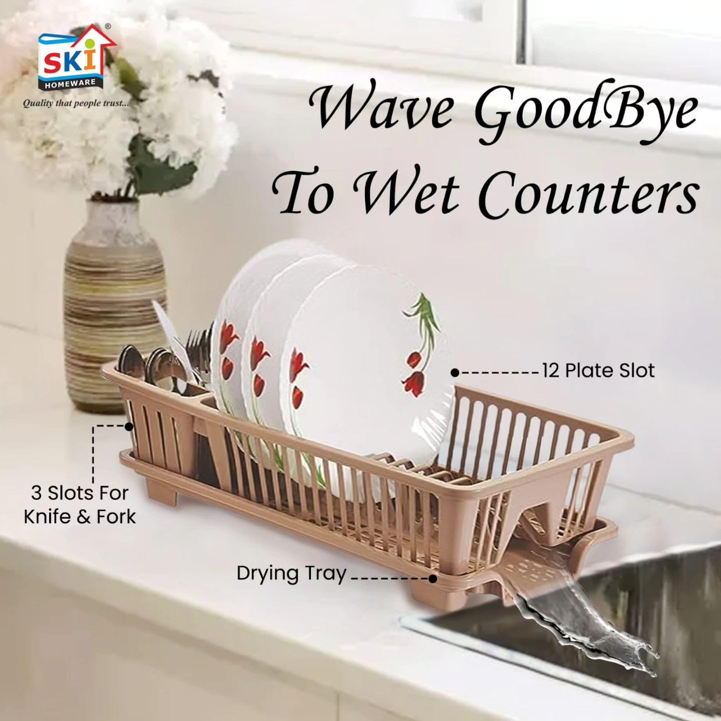 SKi Homeware Multipurpose Plastic Dish Drainer Drying Rack - 3 Knife & Fork Slots + 12 Plate Slots - Space Saving Kitchen Sink Organizer (Grey) - Perfect for Small Kitchens & Dish Drying Organization