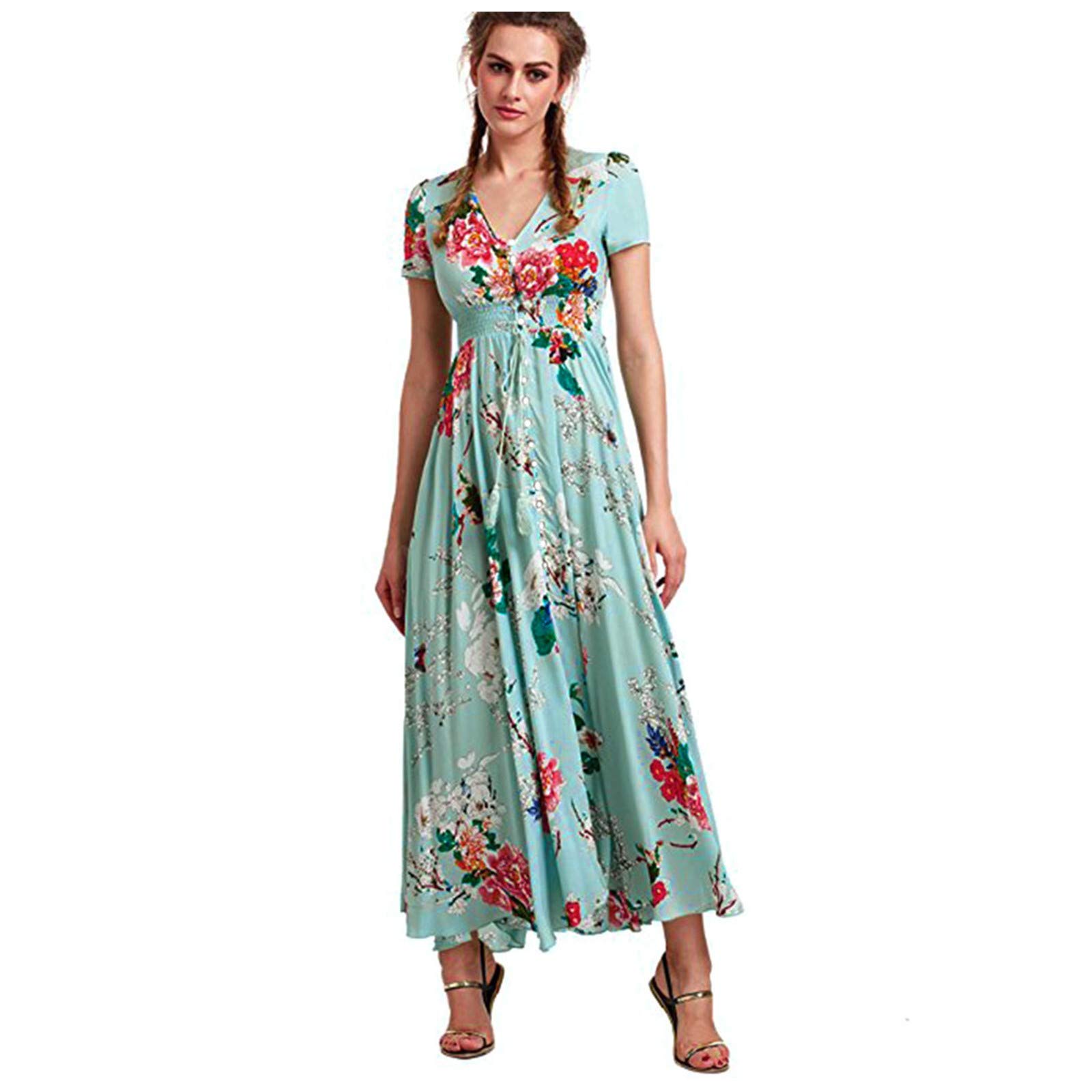 Floral Cotton Maxi Dress with Split & Tassels - Women's Summer Long Party Dress with Button Detail - Perfect for Beach Vacations, Date Nights & Casual Outings