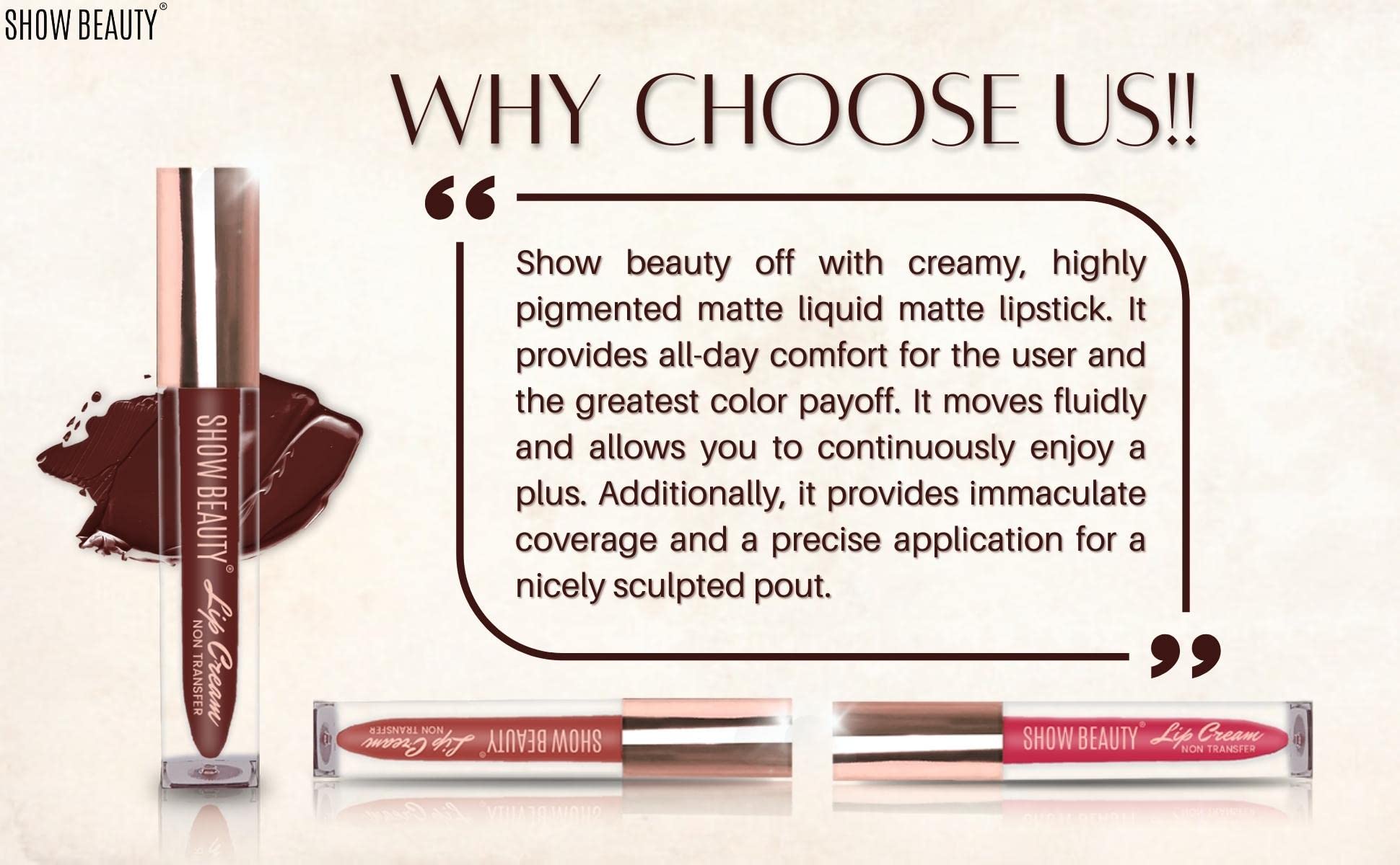 SHOW BEAUTY Hydrating Lipstick for Women - Long Lasting, Non-Sticky, Smooth Glide Formula (4ml) in Rich Coffee Shade - Perfect for Daily Wear, Date Night & Special Occasions