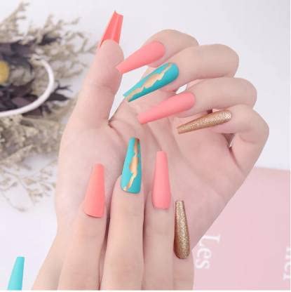 Charmy Party Designer False Nails - Coffin Shape Turquoise Blue Glitter Press On Nails with Glue & Stickers (24-Pack) - Perfect for Parties, Weddings, and Special Occasions