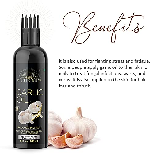 DESICREW Pure Cold Pressed Garlic Oil with Comb Applicator - Non-Sticky Hair Oil for Stronger, Thicker & Glossier Hair - Natural Moisturizer & Softener (100ml) - Perfect for Daily Hair Care & Scalp Massage at Home