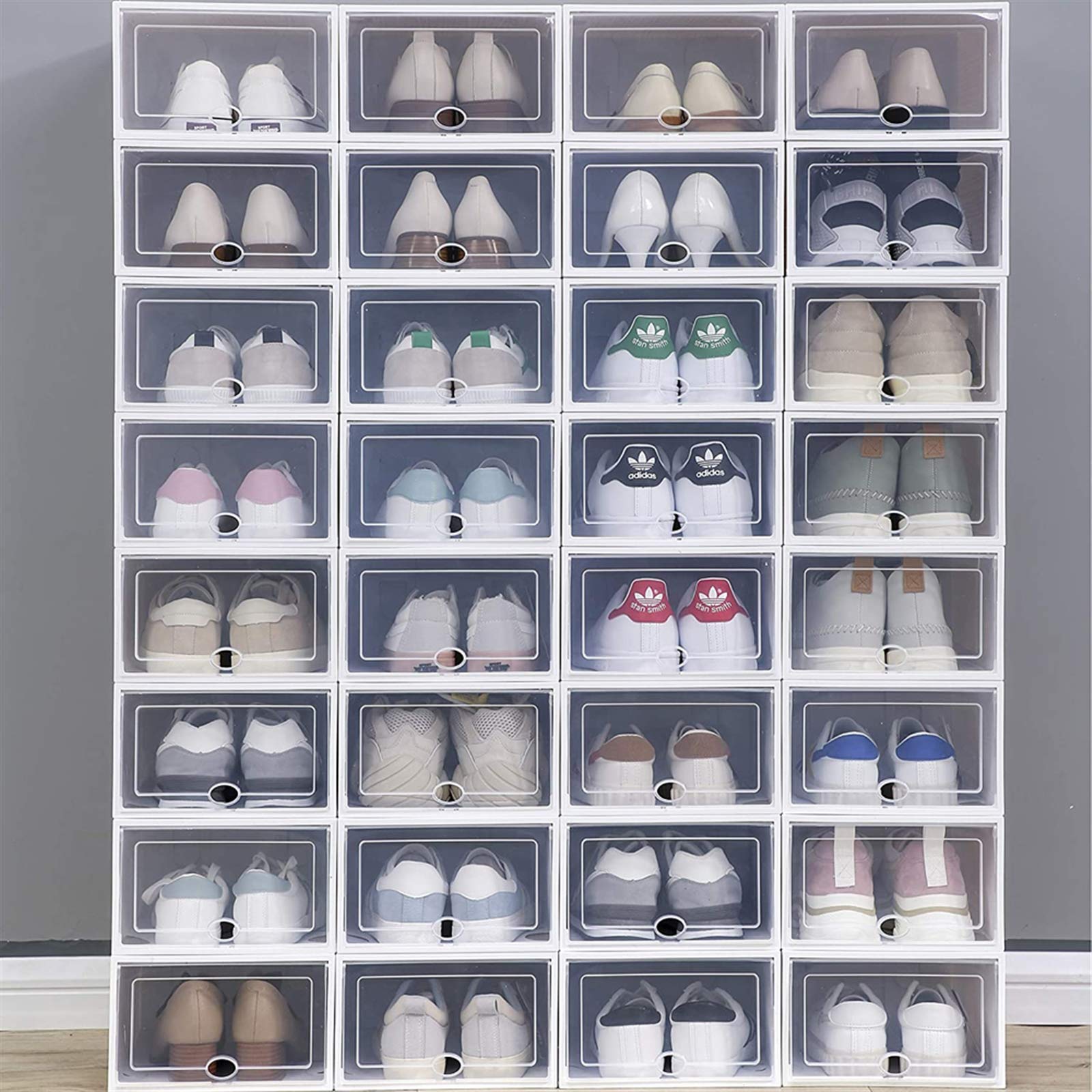 36 Pack Clear Plastic Stackable Shoe Storage Boxes - Organizer Bins for Closet & Underbed Shoe Organization - Durable Shoe Containers for Sneakers, Boots & Heels (White)