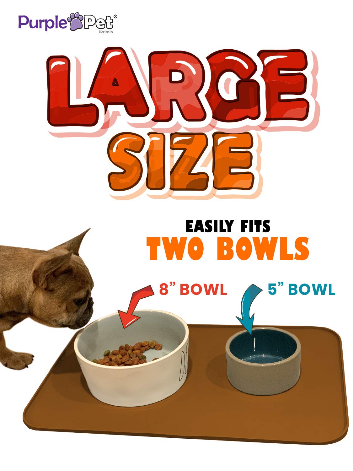 iPrimio Extra Large Non-Slip Pet Food Mat - Food Grade Silicone Cat & Dog Feeding Mat for Bowls - Waterproof Floor Protector Against Spills - Large Brown (Perfect for Kitchens, Garages & Outdoor Use)