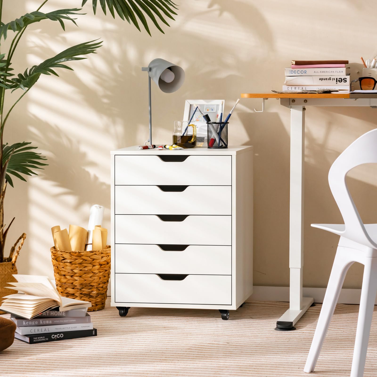 5-Drawer Mobile File Cabinet with Universal Wheels - White Office Storage Cabinet, Vertical Printer Stand & Rolling Storage Organizer for Home & Office Use - Perfect for Documents, Supplies & Workspace Organization