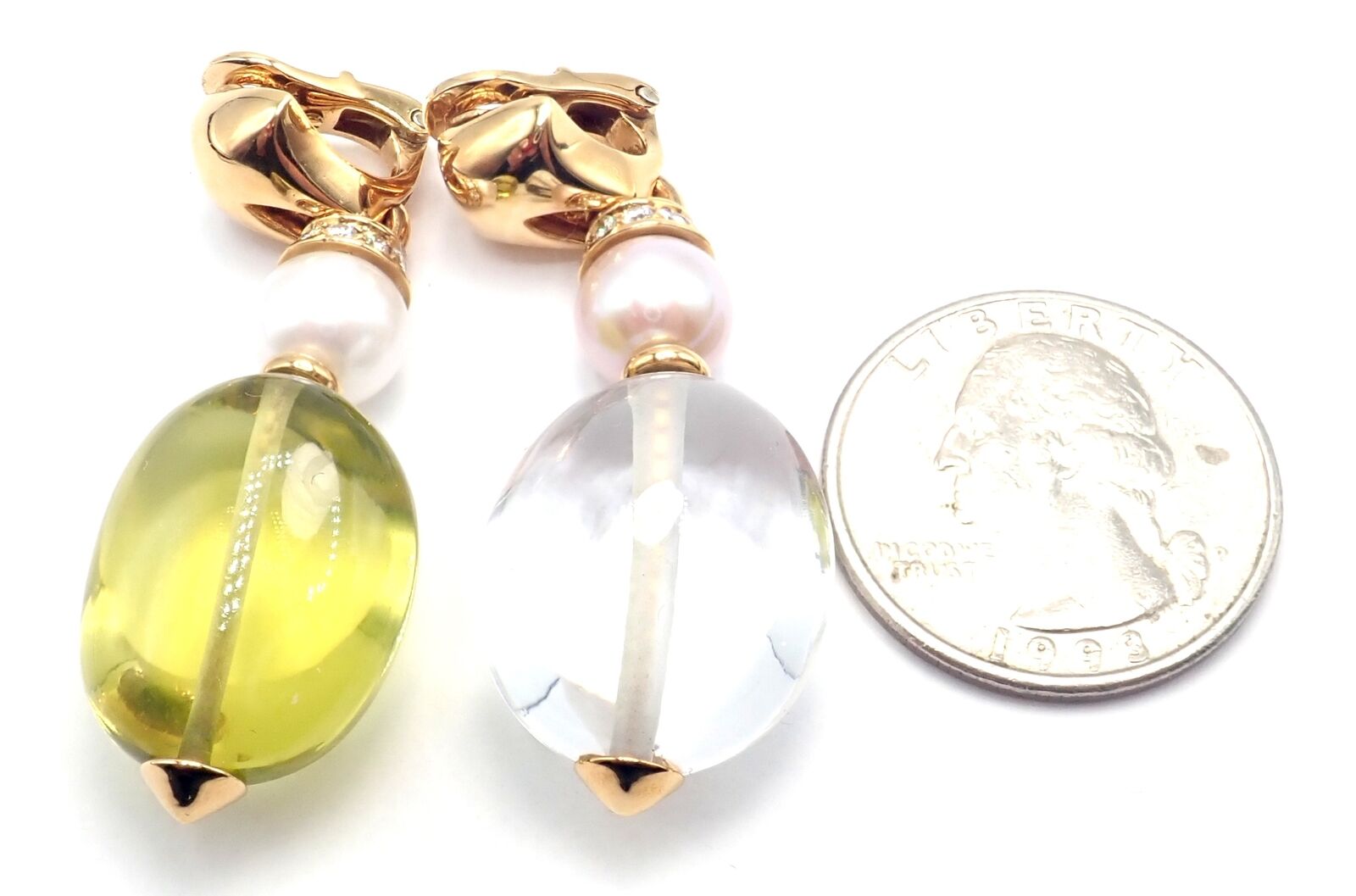 Authentic Bulgari Bvlgari 18k Gold Diamond Pearl Peridot Crystal Drop Earrings for Women - Luxury Statement Jewelry for Parties, Weddings & Special Occasions
