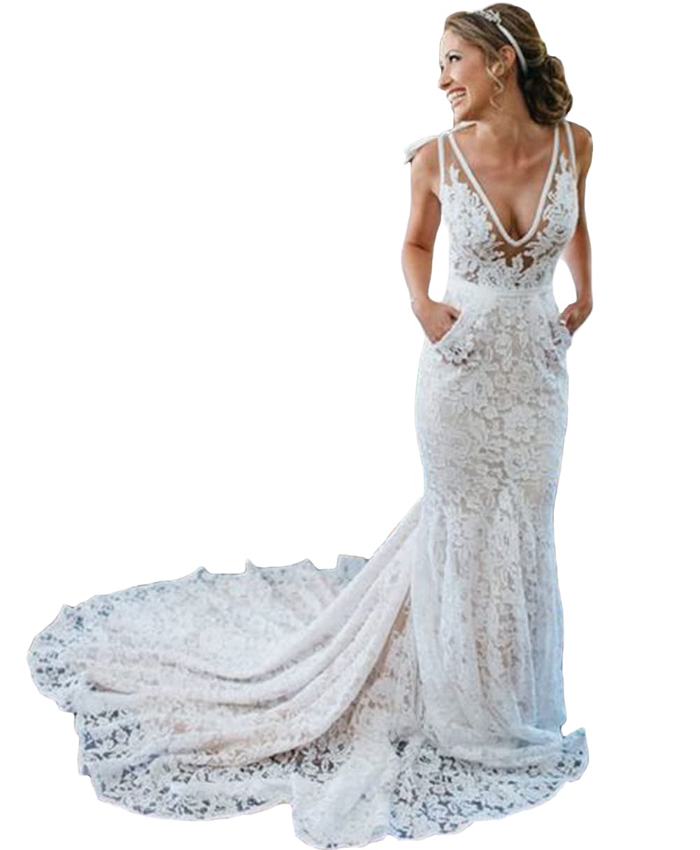 Bohemian Mermaid Wedding Dress with Lace Applique - Ivory Beach & Garden Bridal Gown with Hidden Pockets | Perfect for Outdoor, Destination & Boho Chic Weddings