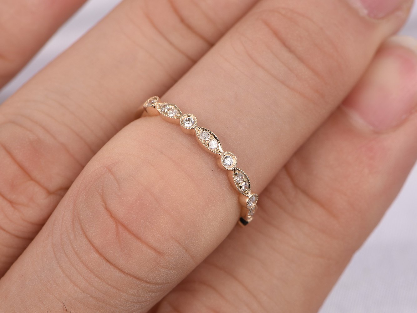 14K Yellow Gold Half Eternity Wedding Band - Micro Pave Diamond Engagement Ring for Women - Stackable Ring for Bridal Sets, Anniversary & Everyday Wear