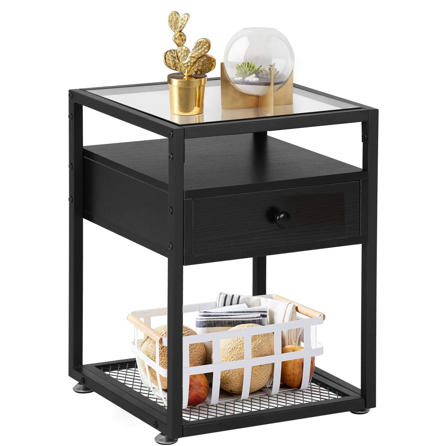 VECELO Modern Nightstand with Glass Top, Black End Table with Drawer & Sturdy Metal Frame - Perfect for Bedroom, Living Room, Lounge, Office & Dorm Room Decor
