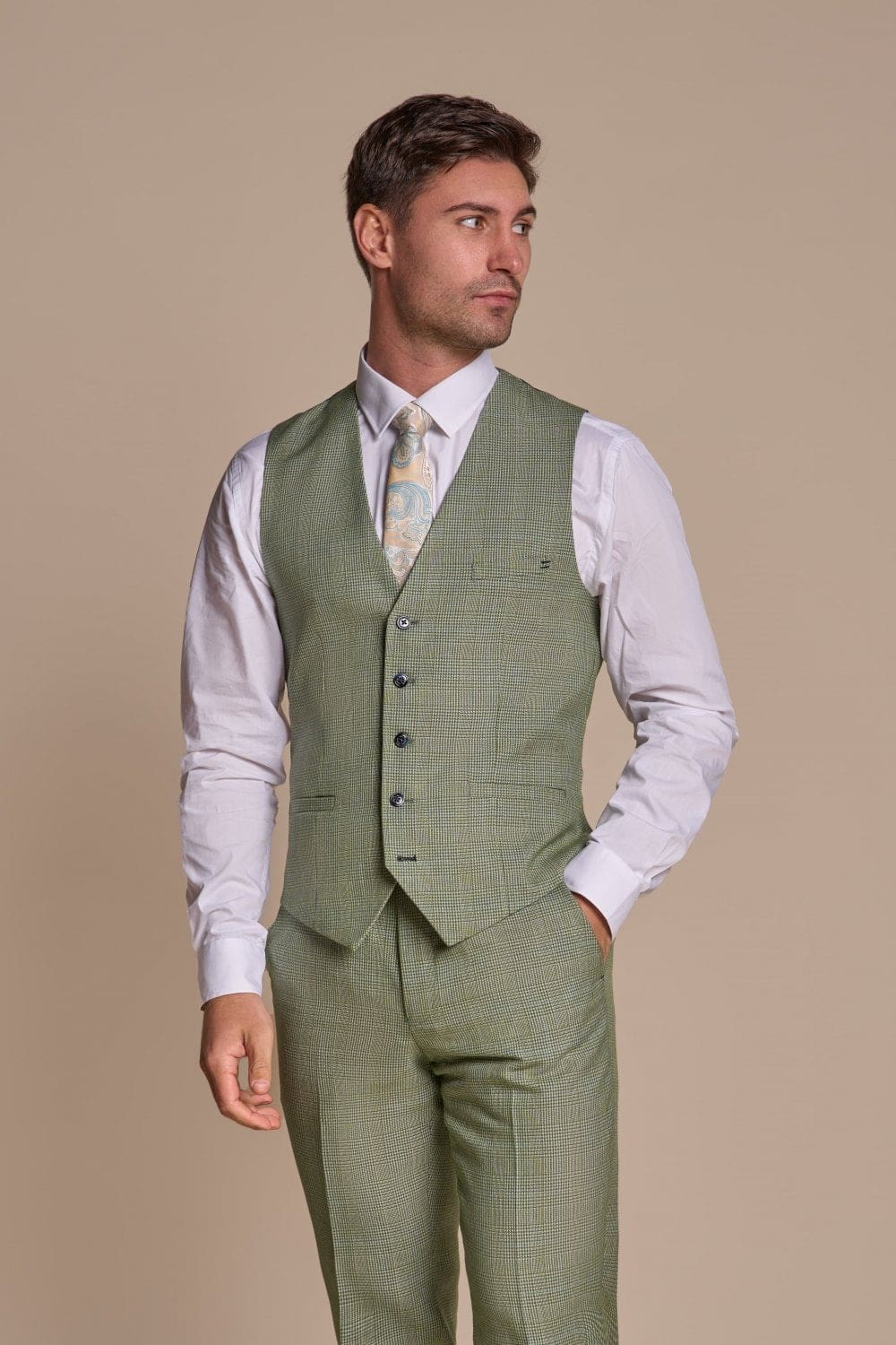 Cavani Caridi Men's Sage Tweed Waistcoat Vest | Classic Slim Fit Formal Vest for Weddings, Business & Special Occasions