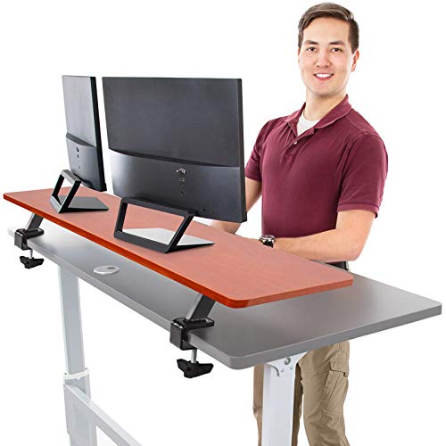 55 Inch Clamp On Monitor Stand with Shelf - Heavy Duty Ergonomic Desk Riser for 3 Monitors, Extra Storage Space - No Screw Installation, Cherry Finish - Perfect for Home Office & Gaming Setup