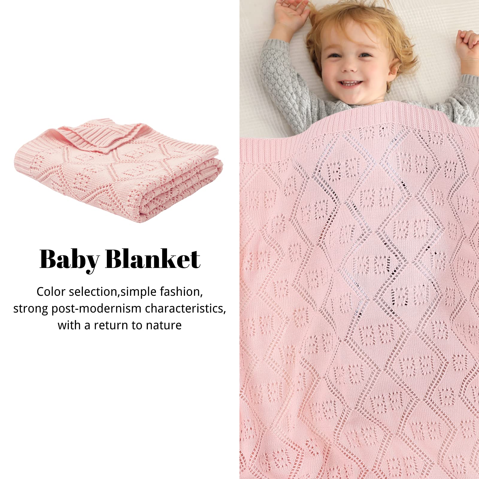 Opewod Unisex Baby Hollow Check Pattern Blankets - Soft Receiving Blankets for Newborn Boys & Girls, 32x40 Inch Knit Blanket for Swaddling, Nursery & Stroller Use