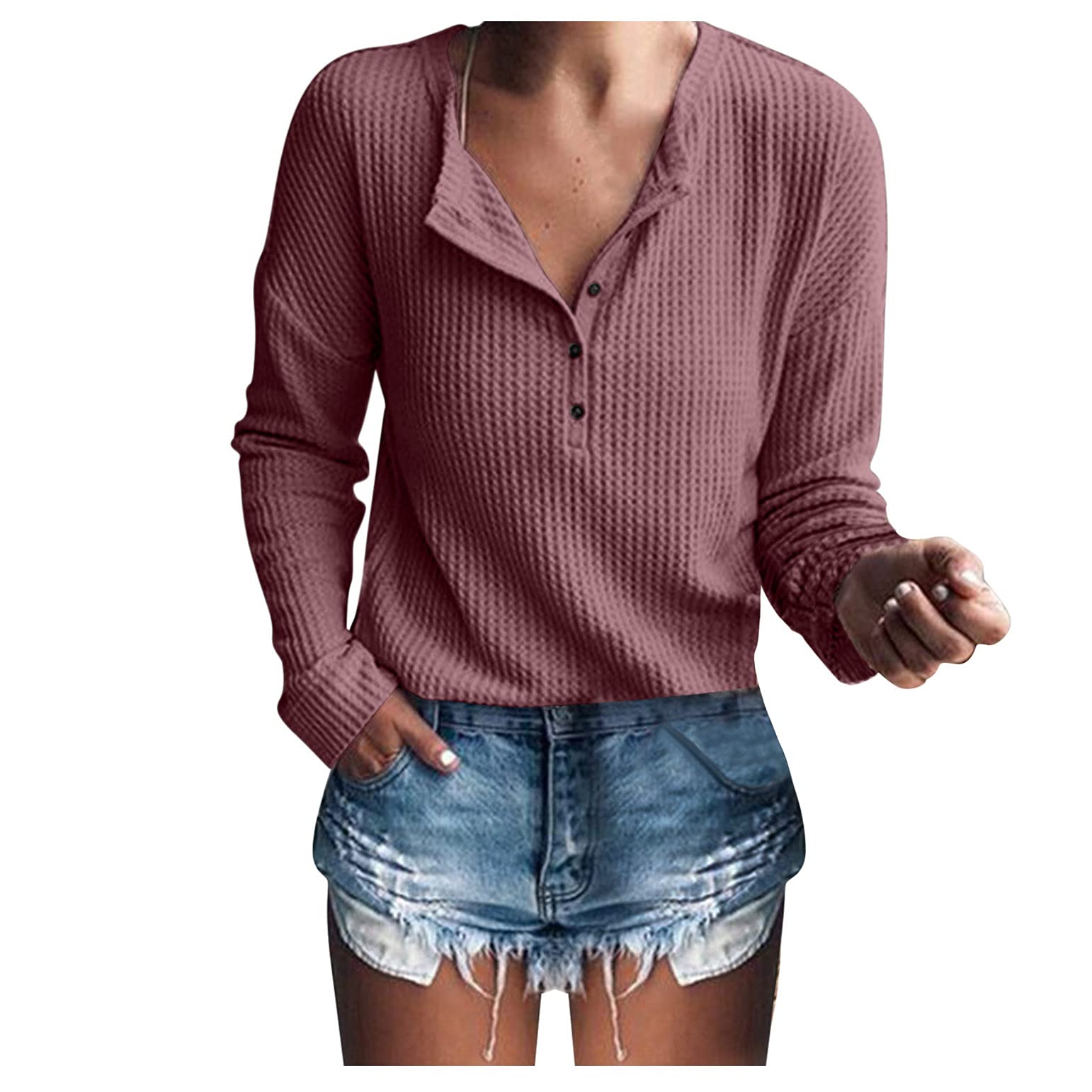 Women's Loose Long Sleeve Waffle Knit Tunic Top - V Neck Button Up Casual Shirt for Summer | Perfect for Beach Cover-ups, Weekend Outings & Layering in Cool Weather