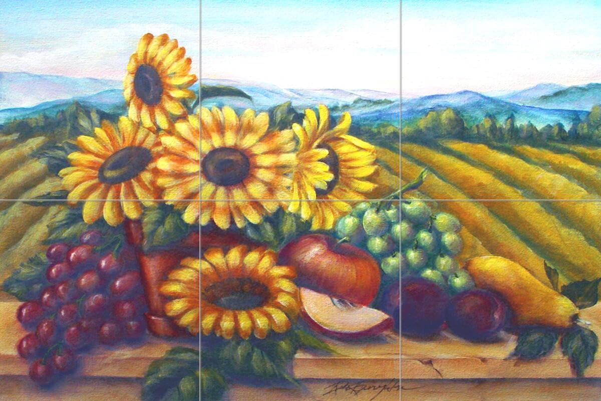 Sunflower Tile Mural Wall Art - Hand-Painted by Artist Rita Broughton - Perfect for Kitchen Backsplash, Bathroom Decor & Living Room Accent Wall