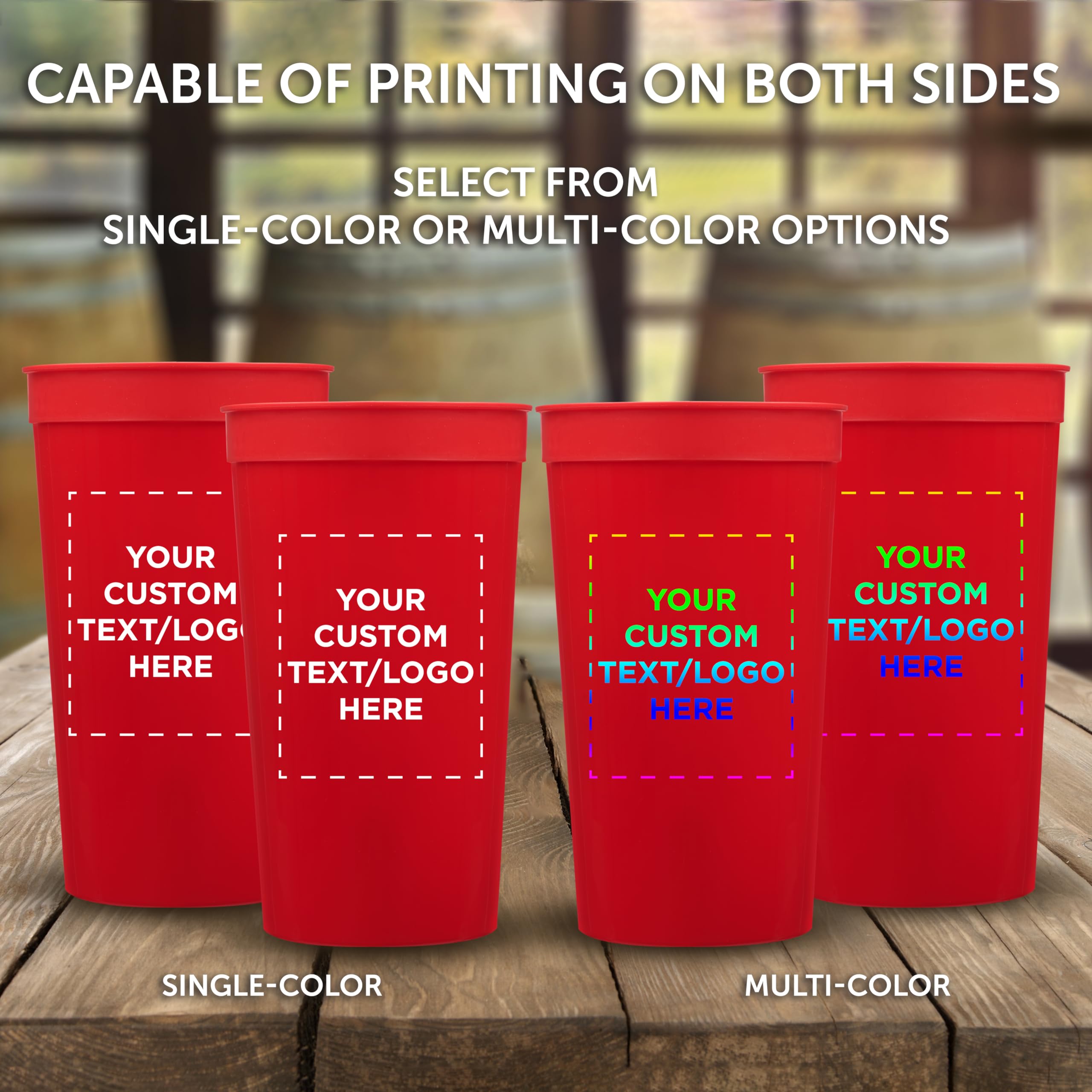 Custom 32 oz Plastic Stadium Cups - Bulk Pack of 50 Personalized Cups for Sports Events, Parties, Beach Picnics & Summer Celebrations - Durable Red Drinkware for Tailgating, BBQs, and Outdoor Gatherings