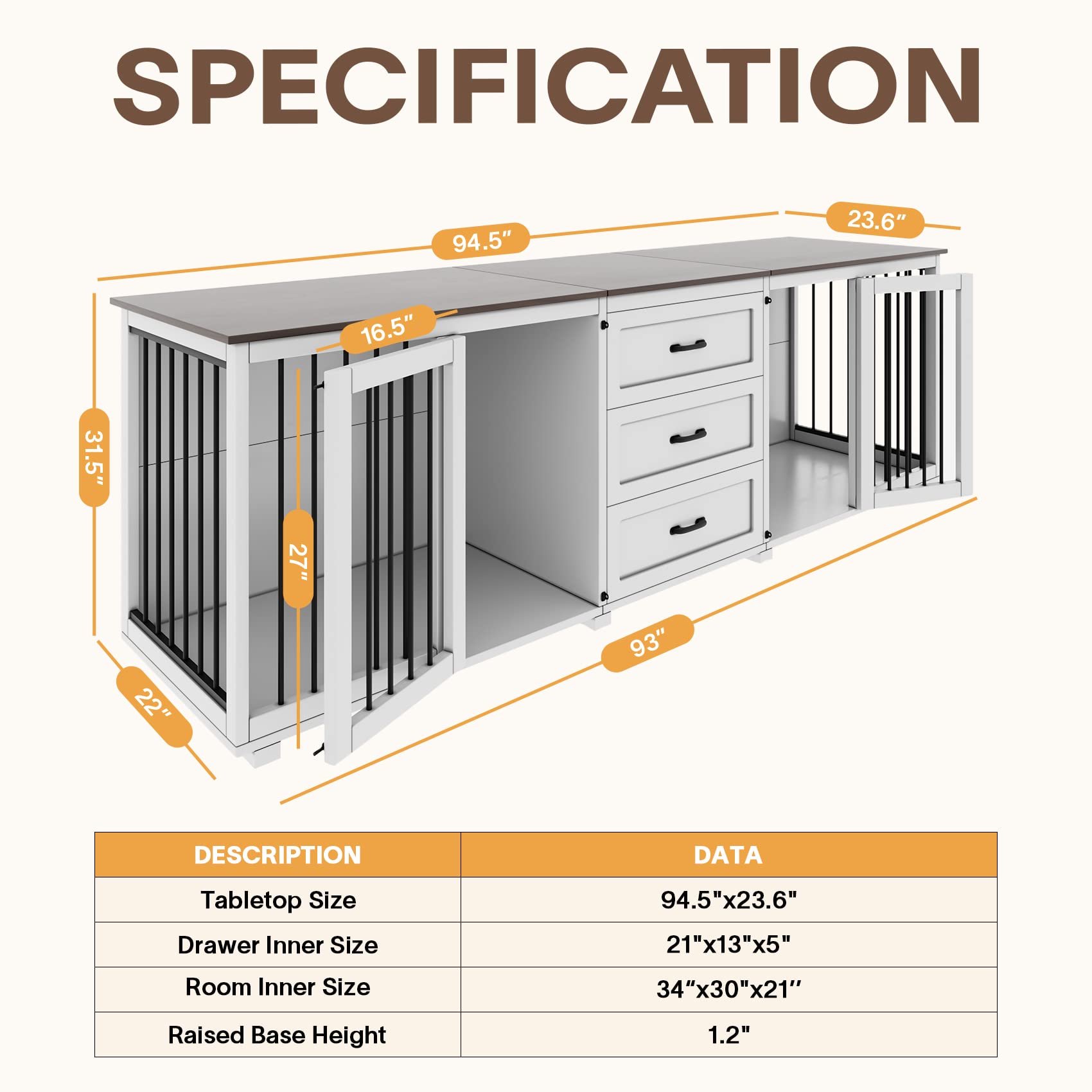 Farmhouse Style Wooden Dog Crate Furniture with 3 Drawers & Double Locking Doors - 95