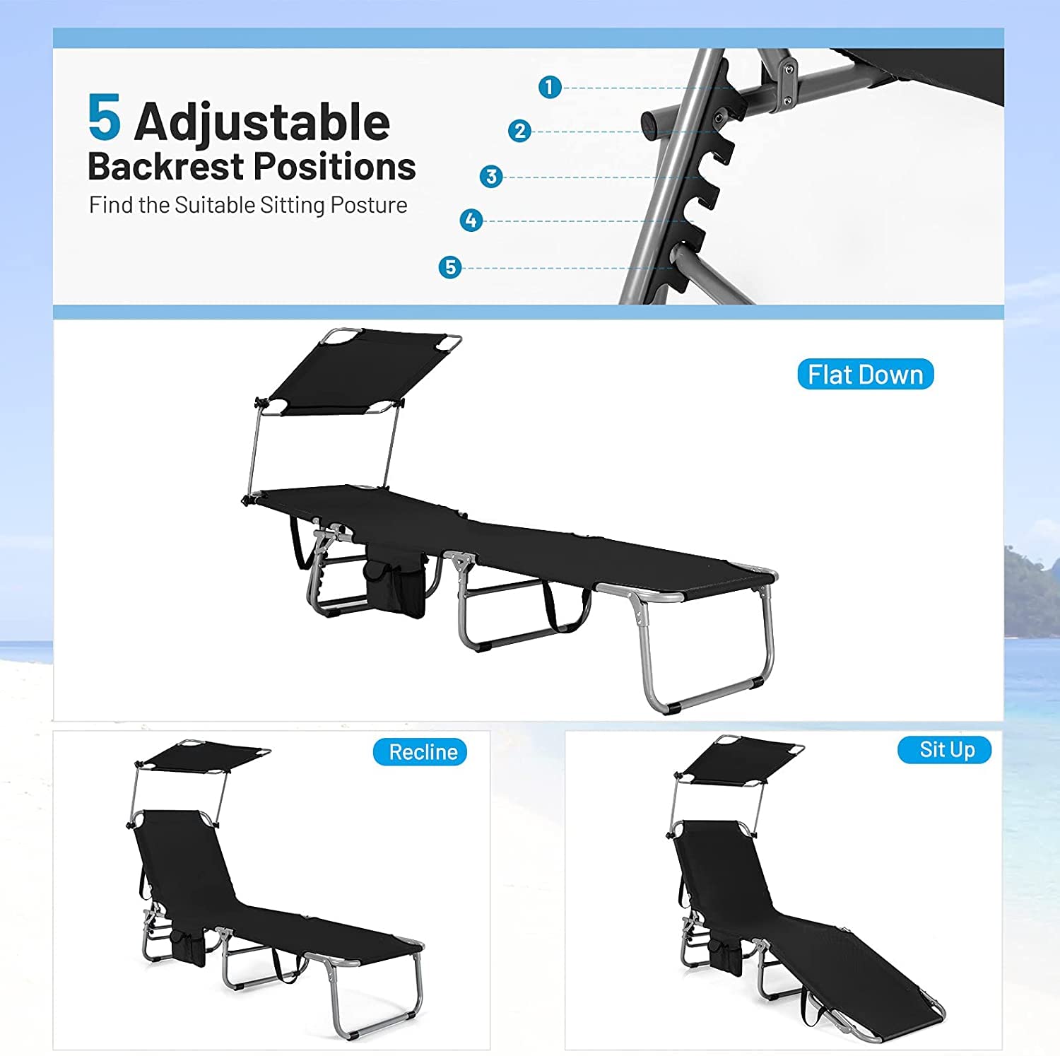 **Tangkula 5-Position Folding Chaise Lounge Chair - Adjustable Reclining Beach Chair with 360° Canopy Shade & Side Storage Pocket - Portable Outdoor Patio Recliner for Sunbathing, Poolside, Backyard, Camping (Black, 2-Pack)**