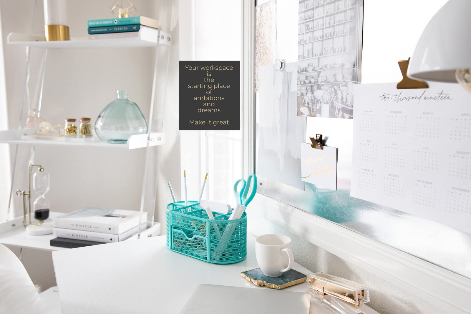 BLU MONACO Aqua Metal Desk Organizer - Sturdy Office Supply Storage with Aqua Finish for Pens, Pencils & Stationery | Perfect for Home Office, Work Desk & Study Room Décor